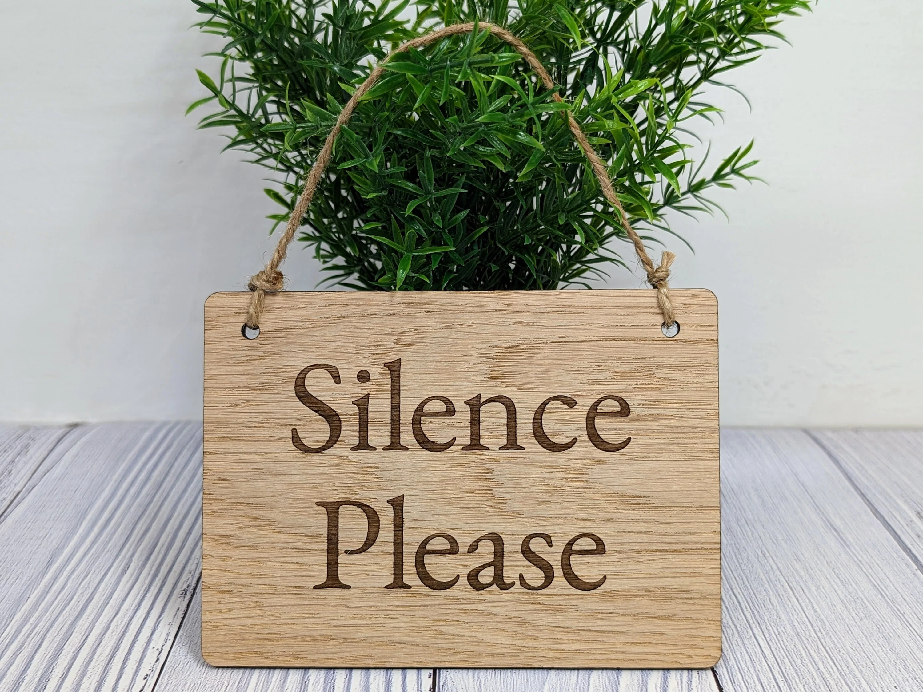 Silence Please - Personalised Wooden Sign - Custom Quiet Area Decor for Libraries, Spas, Study Rooms, Homes, Oak Veneer, Hanging Wall Art - Image 3
