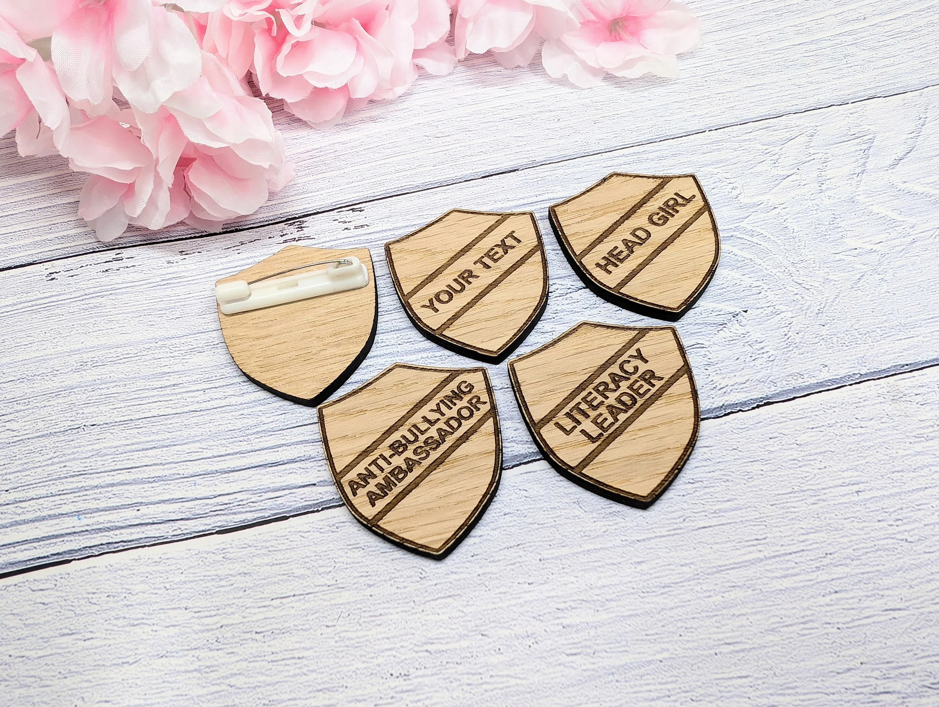 Small School Achievement Badges - 40x48mm - Oak Veneered MDF - Pin or Pin & Clip - Personalised or Pre-Designed Options for Students - Image 2