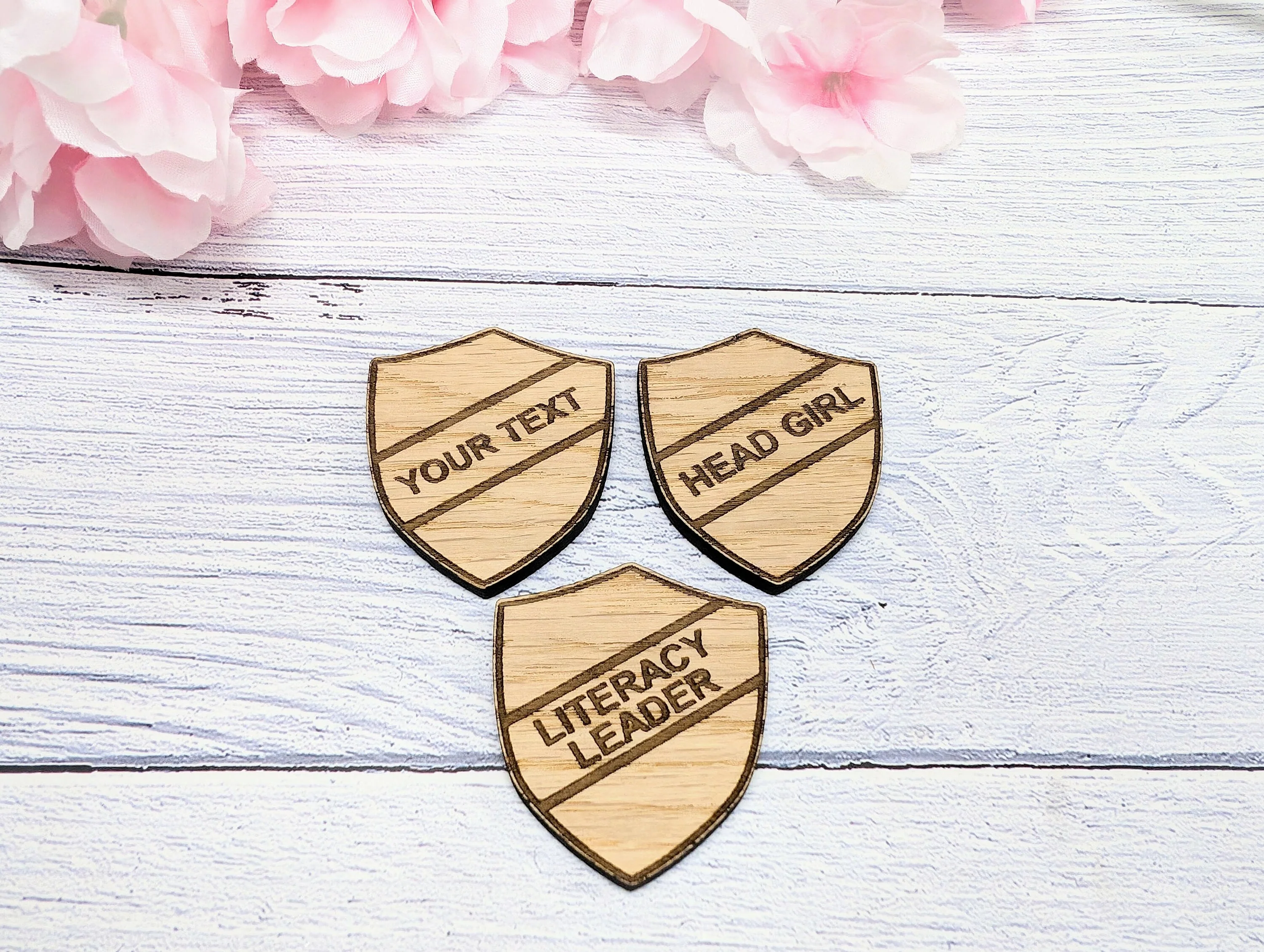 Small School Achievement Badges - 40x48mm - Oak Veneered MDF - Pin or Pin & Clip - Personalised or Pre-Designed Options for Students - Image 4
