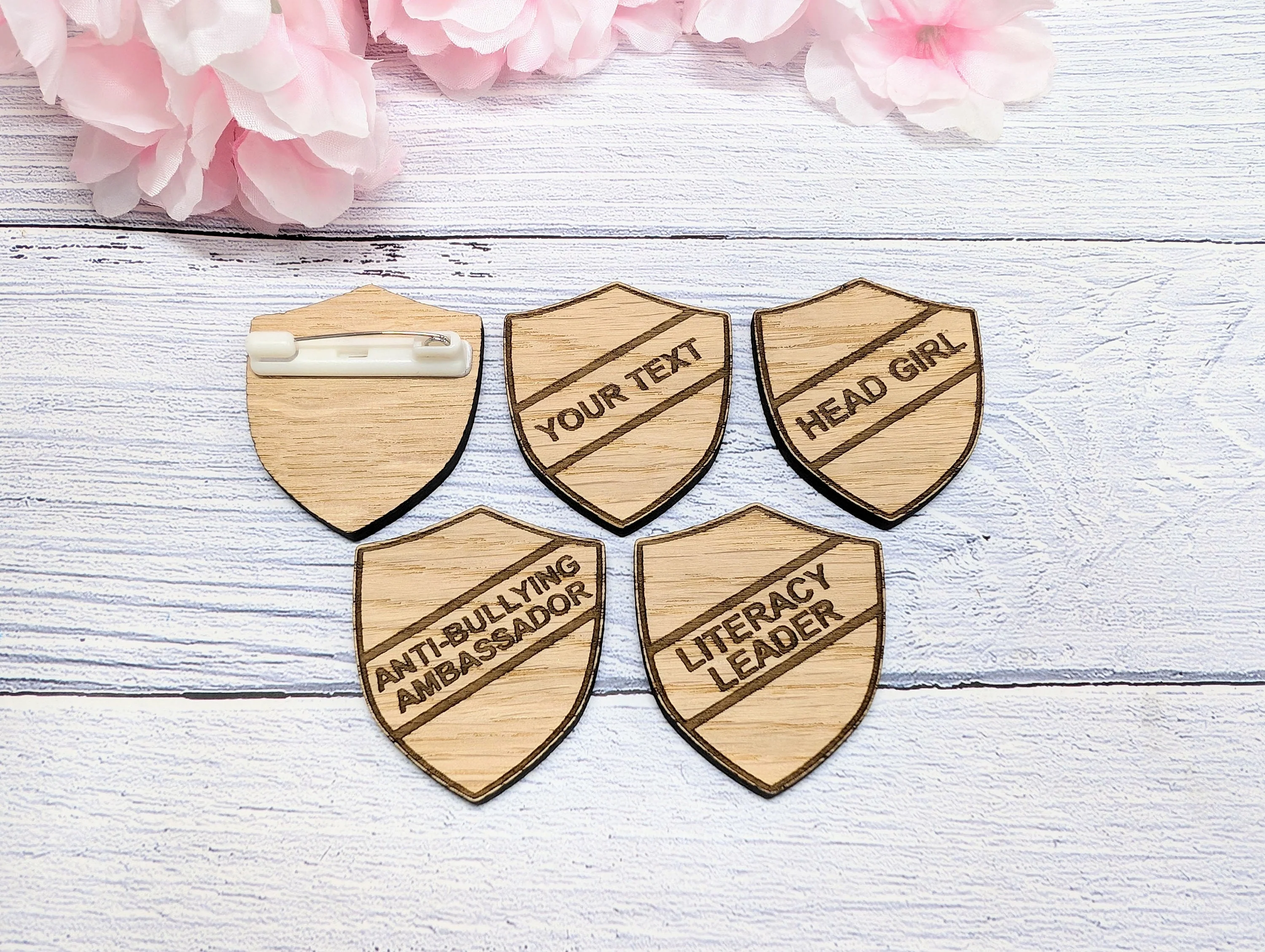 Small School Achievement Badges - 40x48mm - Oak Veneered MDF - Pin or Pin & Clip - Personalised or Pre-Designed Options for Students - Image 5