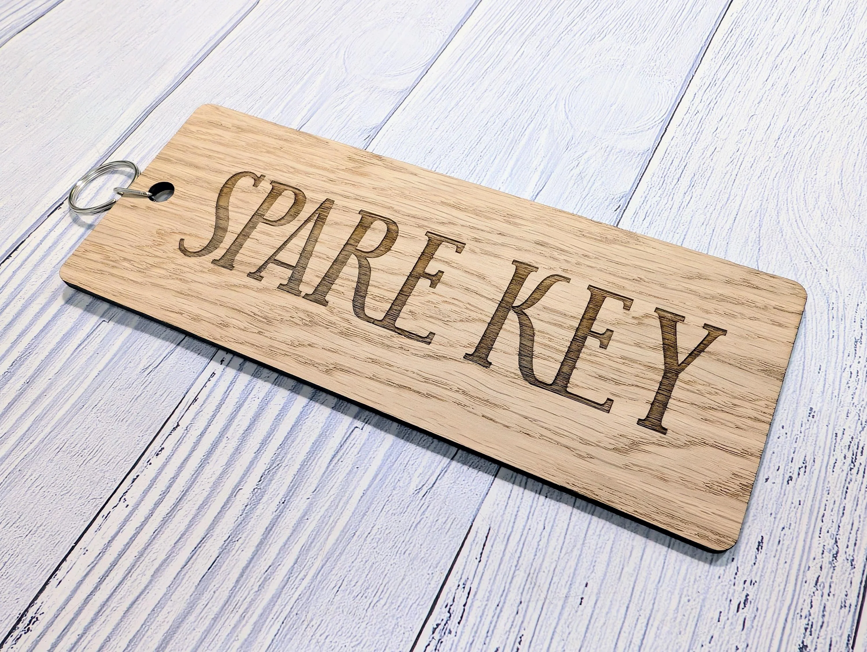 Spare Key Wooden Keyring – Extra Large 200x80mm Oak Veneer – Handmade in Wales, Eco Friendly Tag for Home, Guest or Holiday Let