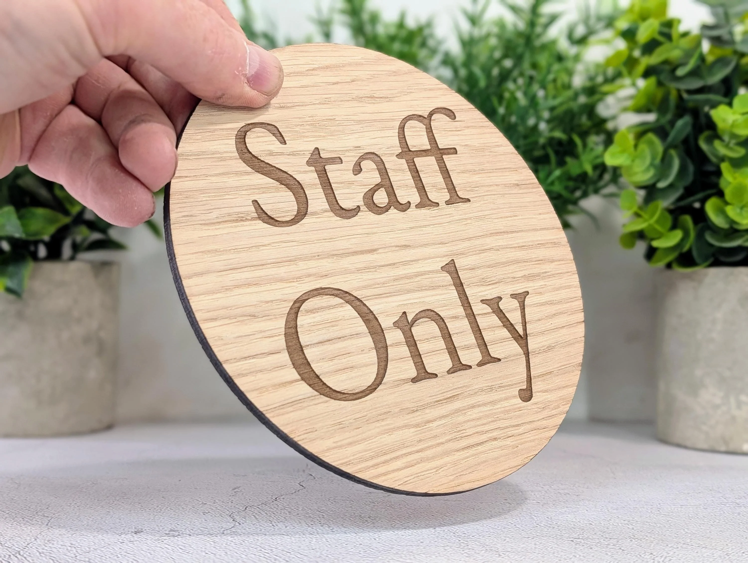 Staff Only Door Sign – Circular Oak Veneered Wooden Sign for Business, Indoor Use Only, Handmade in Wales, Plastic-Free Packaging - Image 2