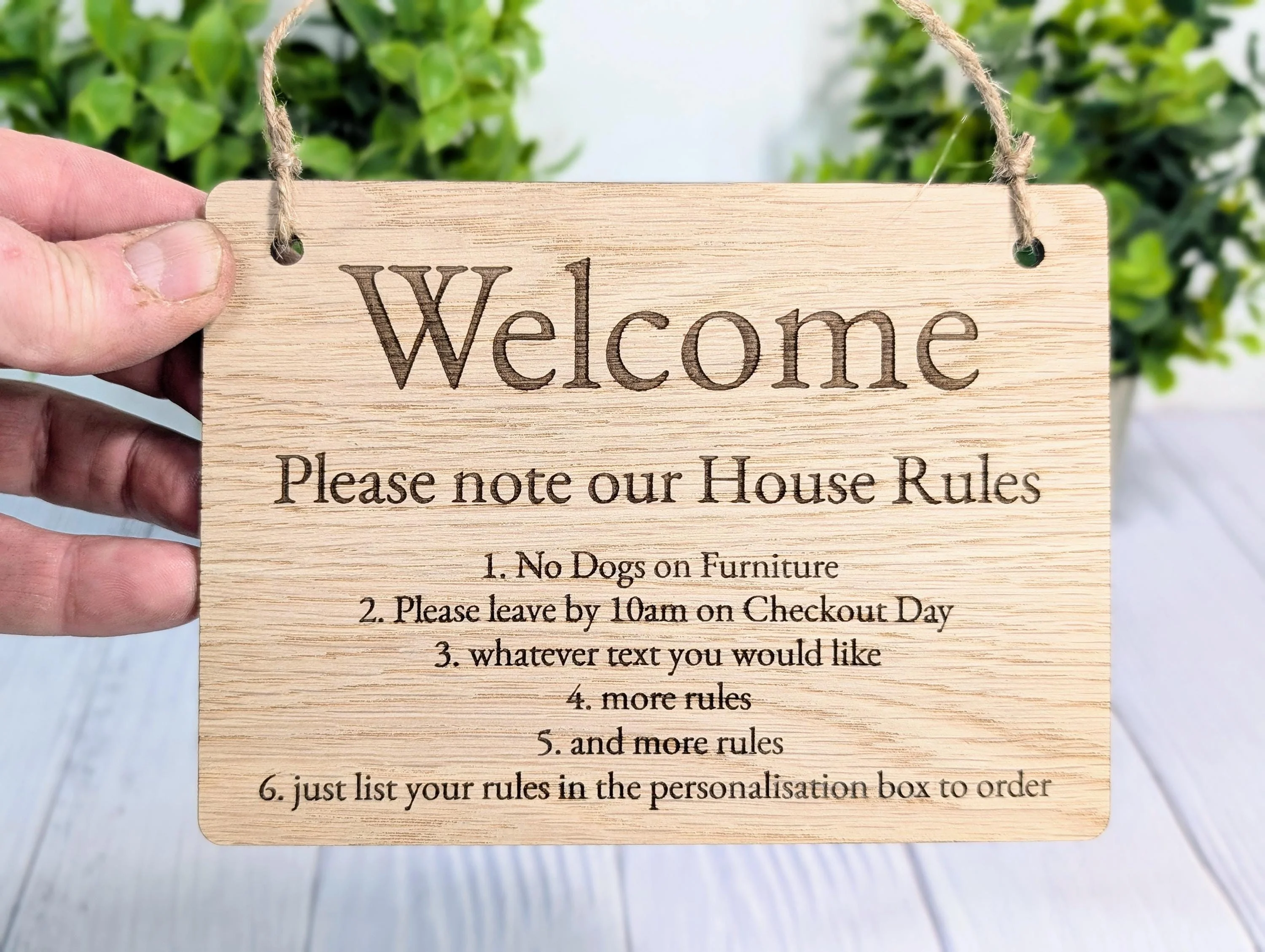 Welcome - Please Note Our House Rules Sign | Personalised Wooden Door Sign | Custom Airbnb & Home Rules | Oak Checkout, Pet, Bin Signage