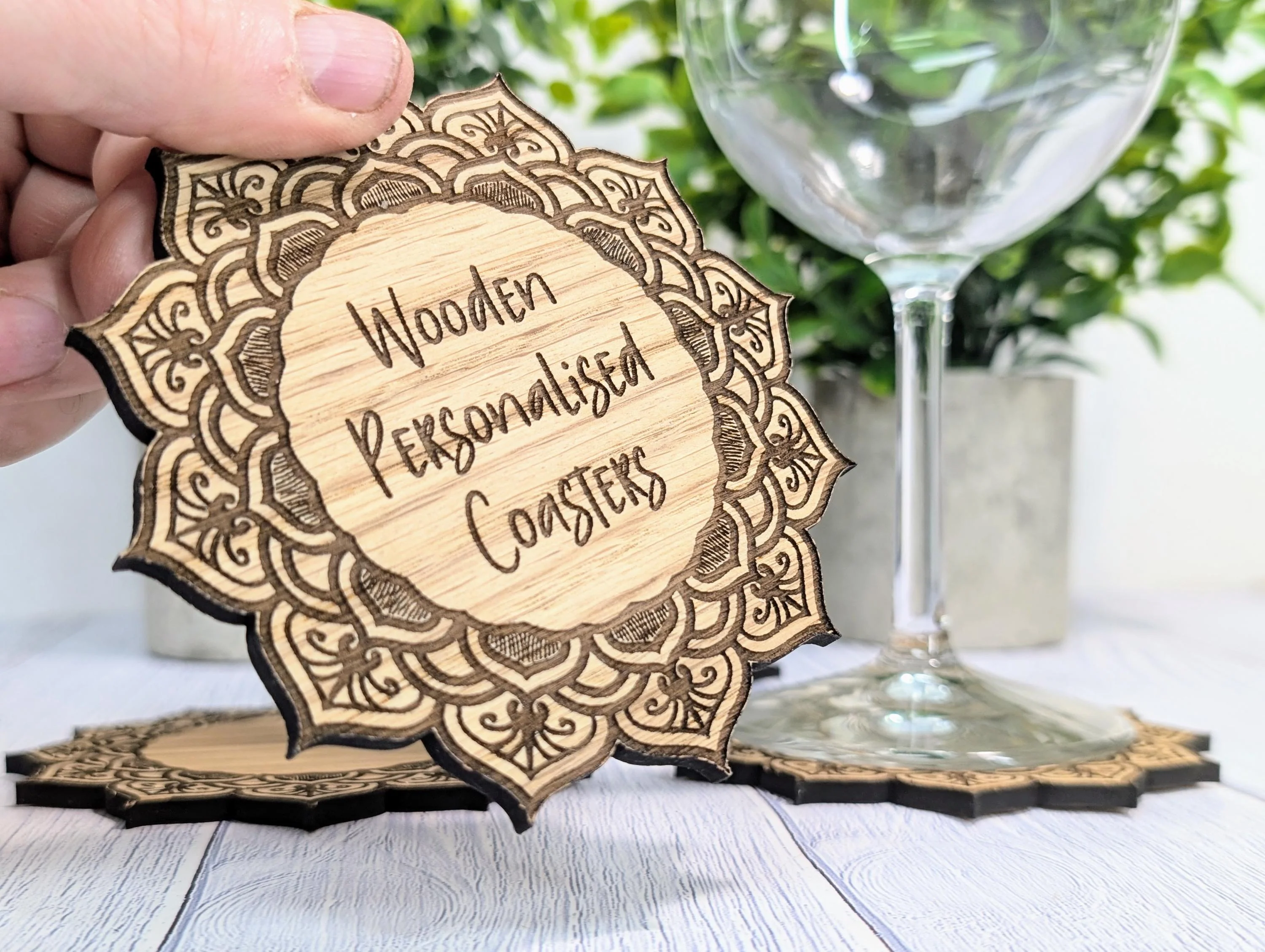 Wooden Coasters - Personalised Text – Eco-Friendly Gift, Custom Message, Engraved Border – Bespoke Sustainable Craft, 110mm Diameter - Image 3