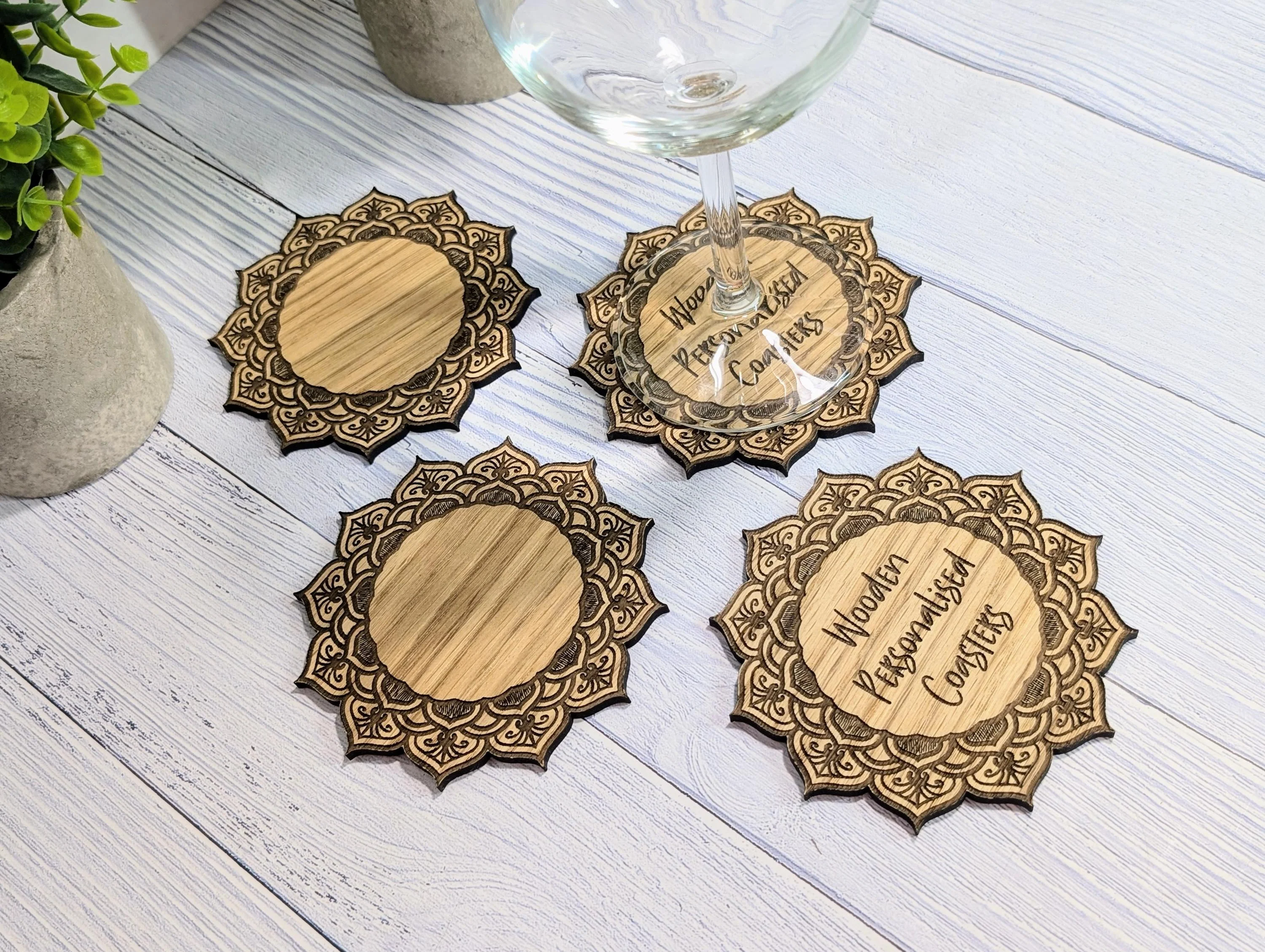 Wooden Coasters - Personalised Text – Eco-Friendly Gift, Custom Message, Engraved Border – Bespoke Sustainable Craft, 110mm Diameter - Image 5