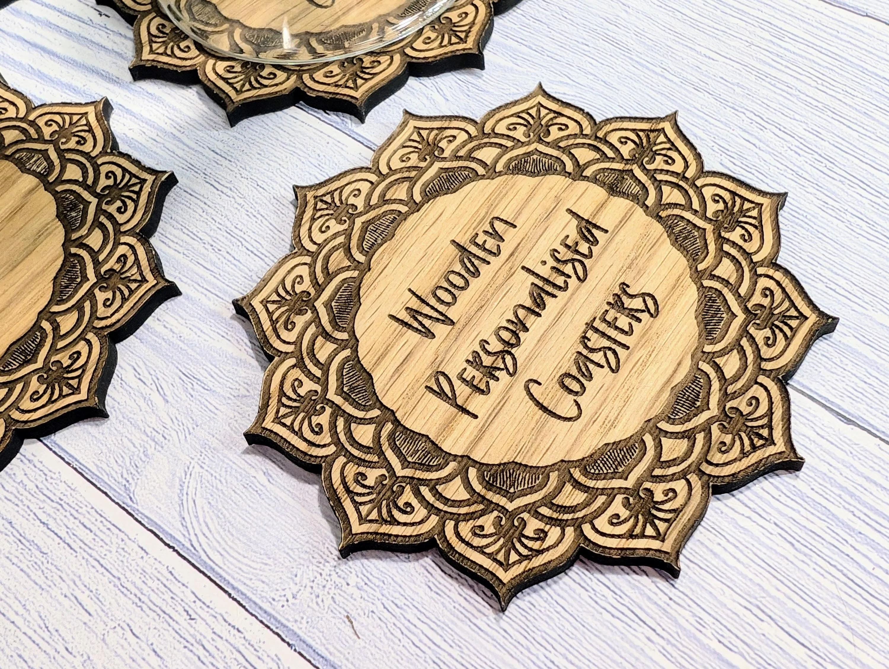 Wooden Coasters - Personalised Text – Eco-Friendly Gift, Custom Message, Engraved Border – Bespoke Sustainable Craft, 110mm Diameter - Image 6