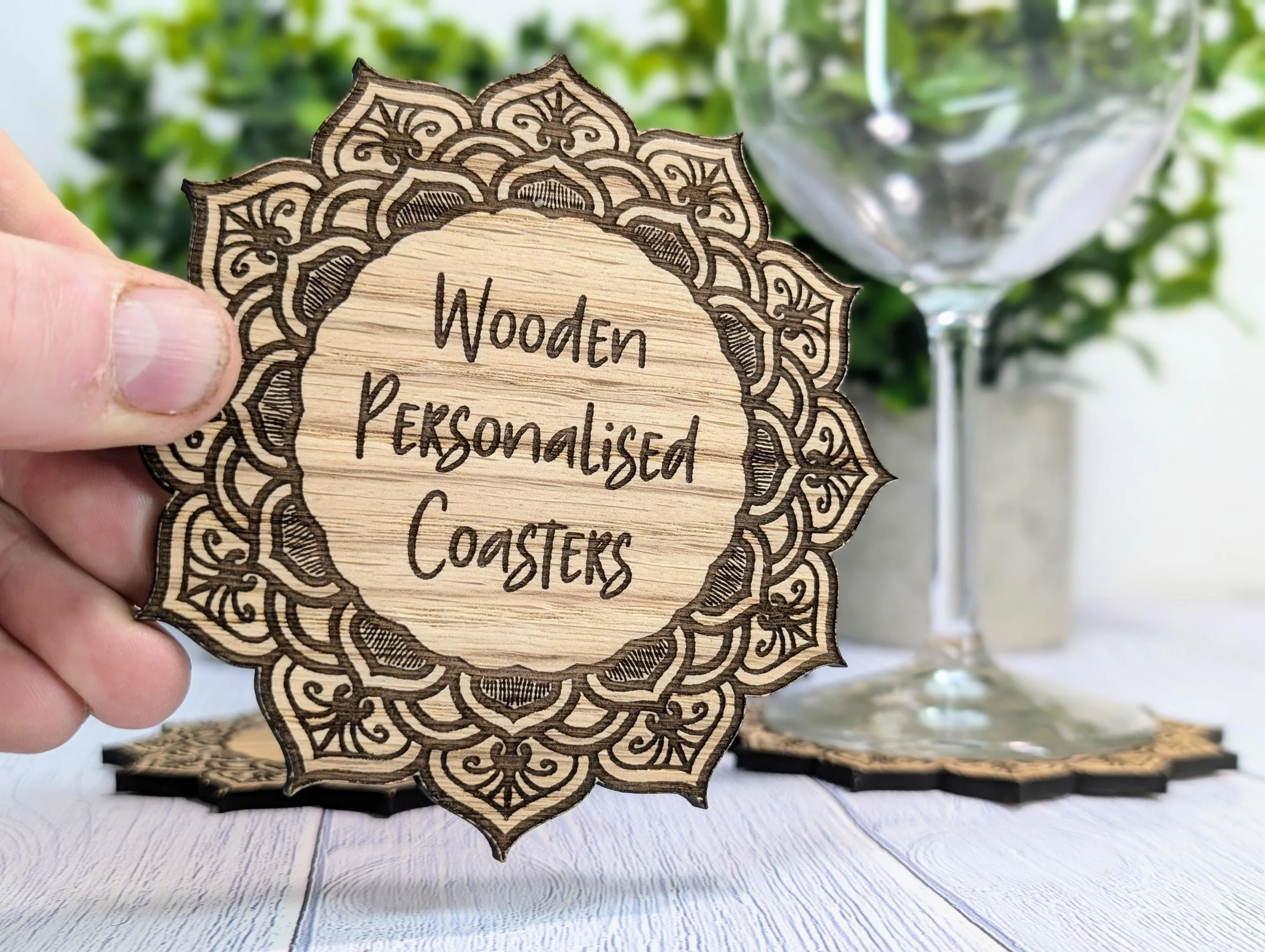 Wooden Coasters - Personalised Text – Eco-Friendly Gift, Custom Message, Engraved Border – Bespoke Sustainable Craft, 110mm Diameter - Image 9