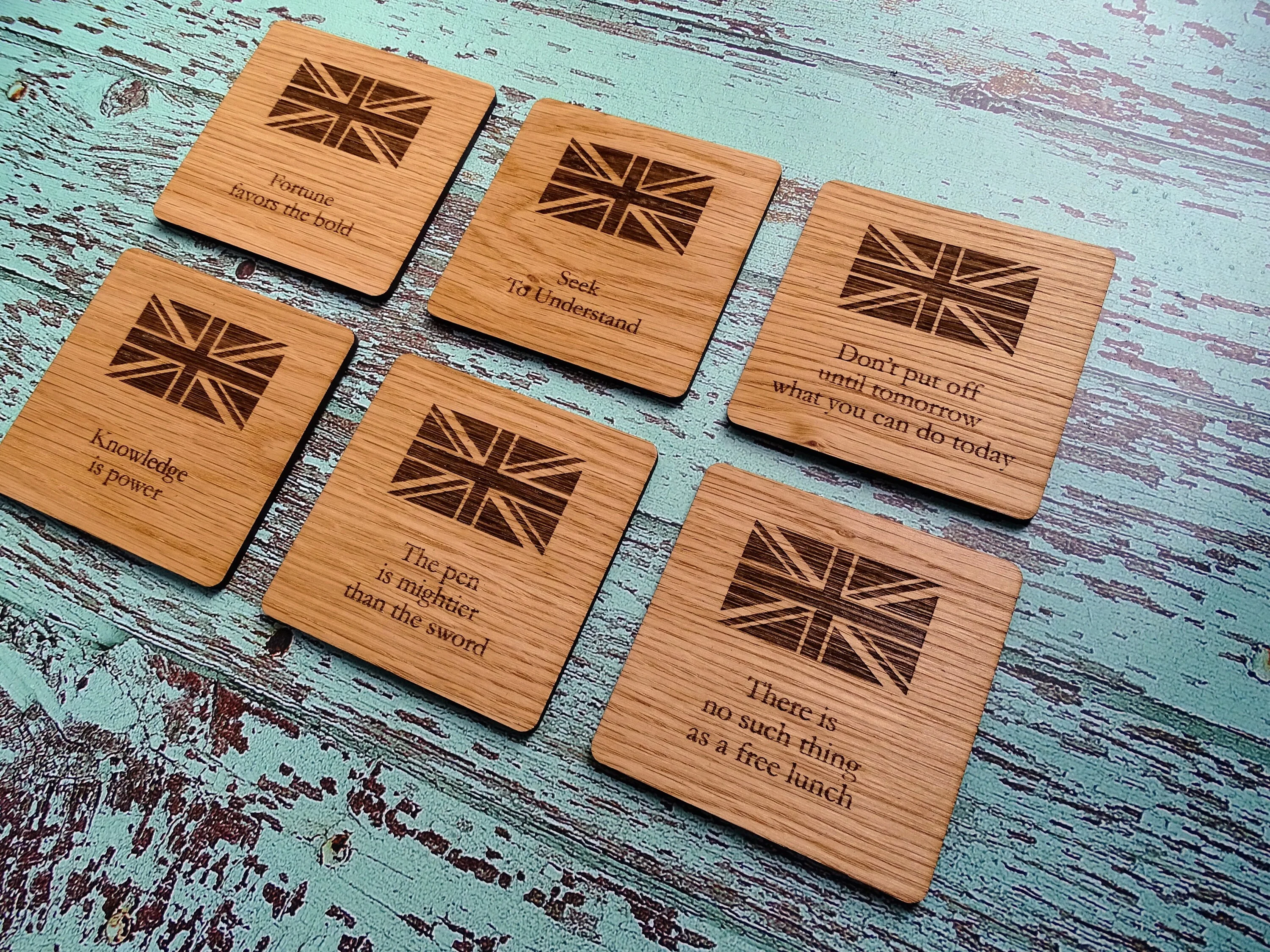 Wooden Coasters With English Proverbs, British Gift, Oak Coasters - Image 9