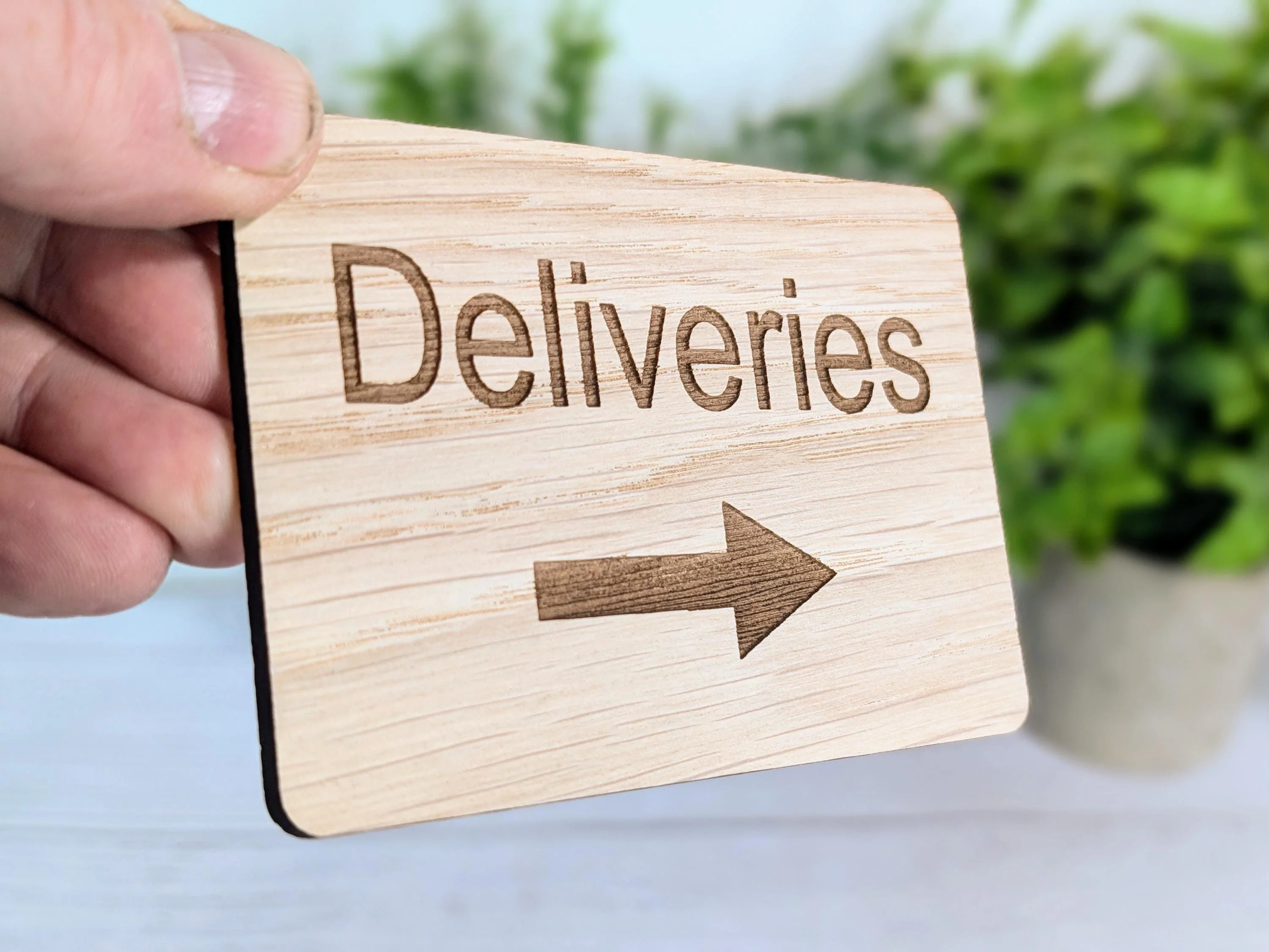 Wooden "Deliveries" Sign with Optional Arrow | Engraved Oak | For Businesses, Offices, Schools, Hotels | 4 Sizes | Personalised Text Option - Image 2