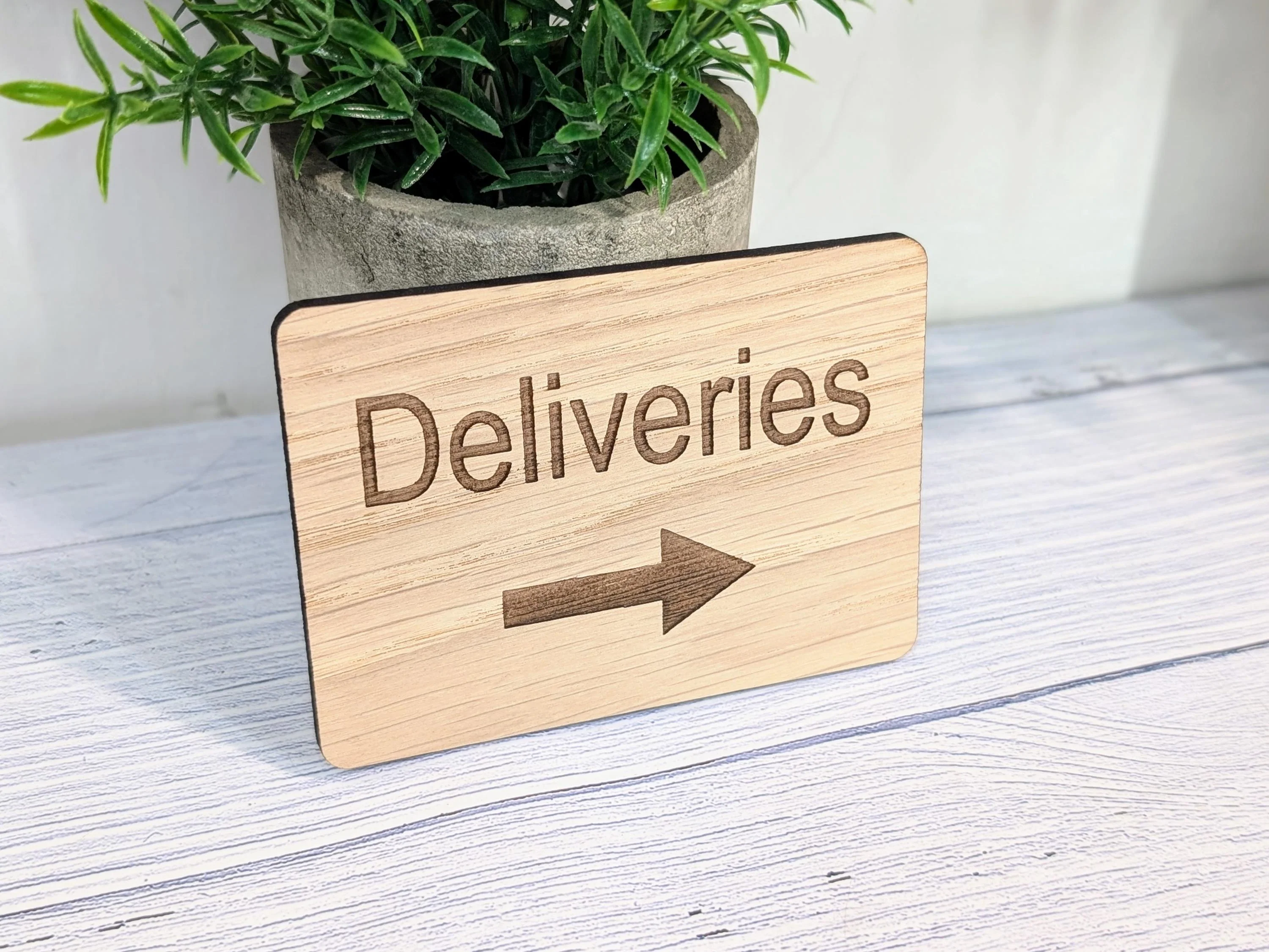 Wooden "Deliveries" Sign with Optional Arrow | Engraved Oak | For Businesses, Offices, Schools, Hotels | 4 Sizes | Personalised Text Option - Image 4