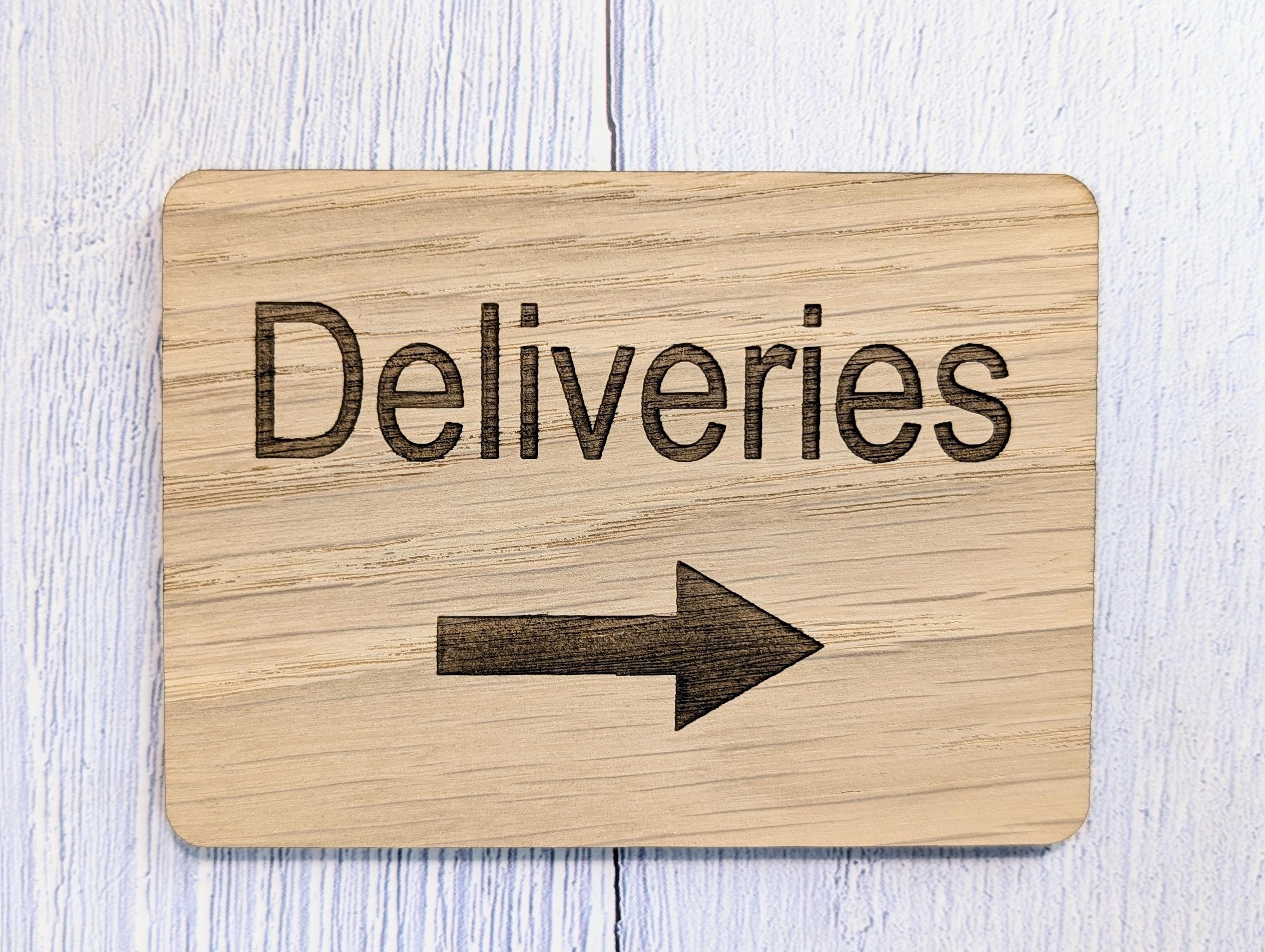 Wooden "Deliveries" Sign with Optional Arrow | Engraved Oak | For Businesses, Offices, Schools, Hotels | 4 Sizes | Personalised Text Option - Image 6