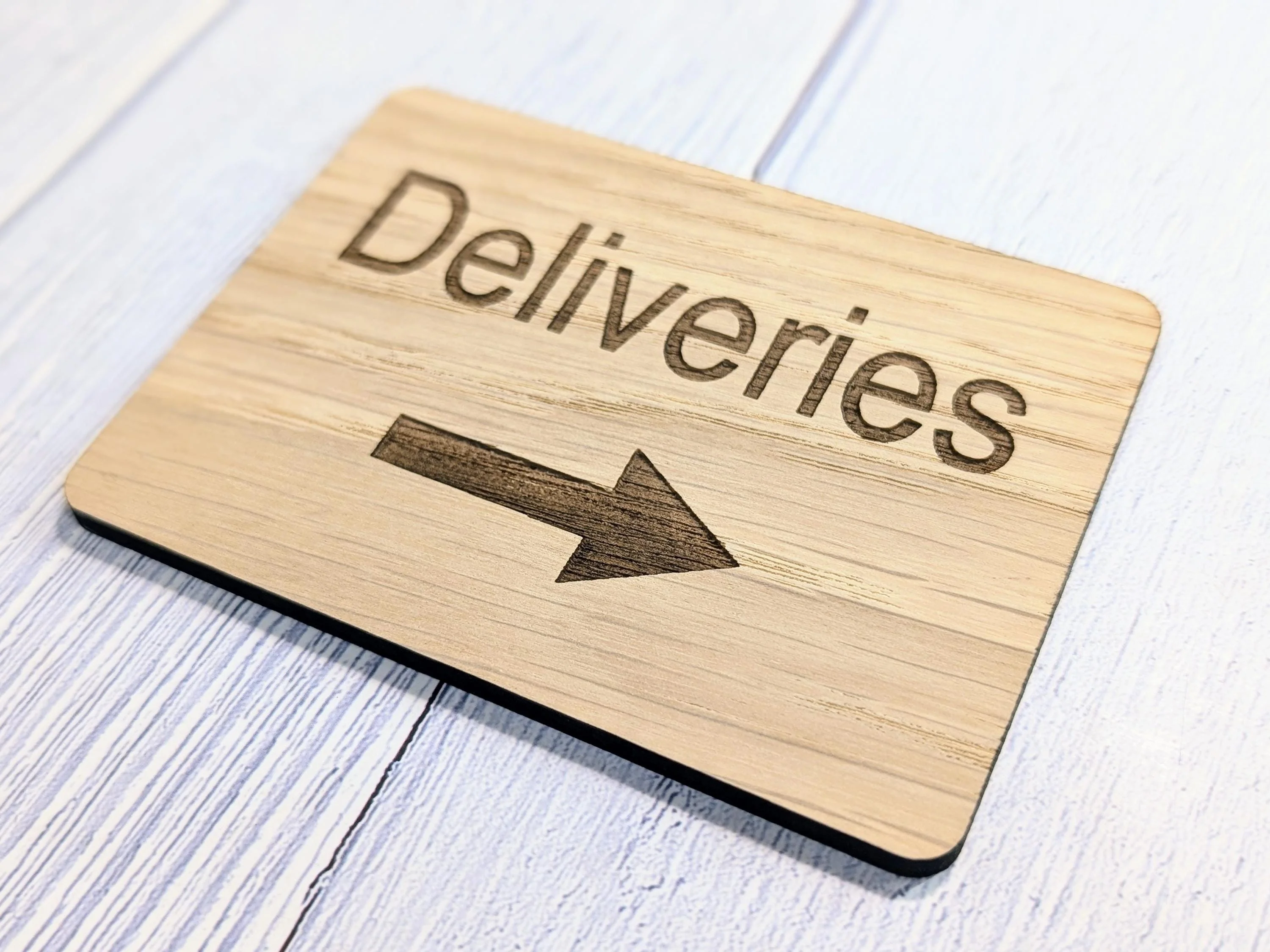 Wooden "Deliveries" Sign with Optional Arrow | Engraved Oak | For Businesses, Offices, Schools, Hotels | 4 Sizes | Personalised Text Option - Image 7