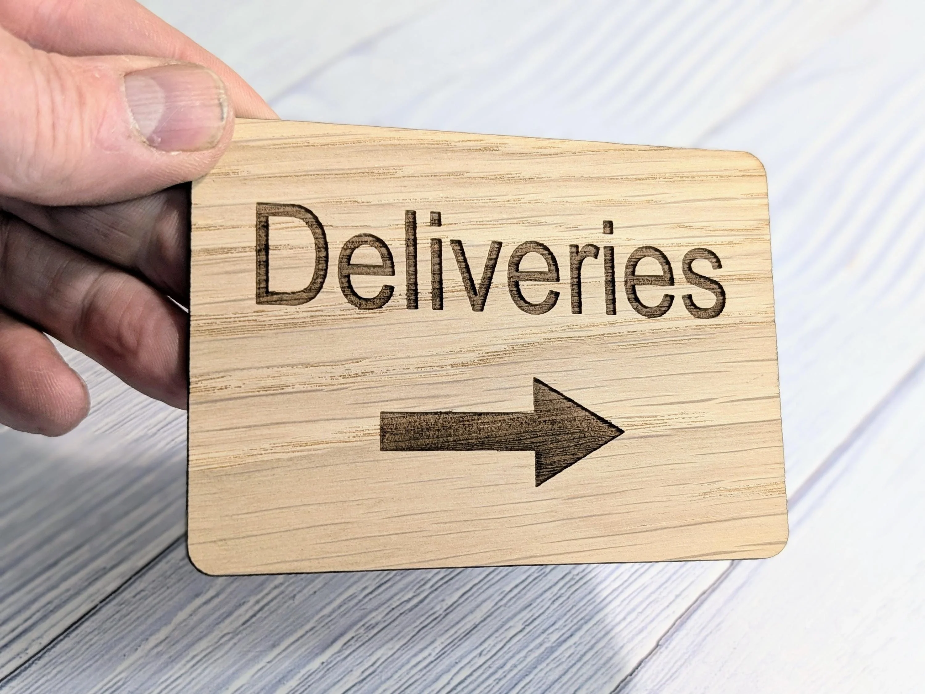 Wooden "Deliveries" Sign with Optional Arrow | Engraved Oak | For Businesses, Offices, Schools, Hotels | 4 Sizes | Personalised Text Option - Image 9