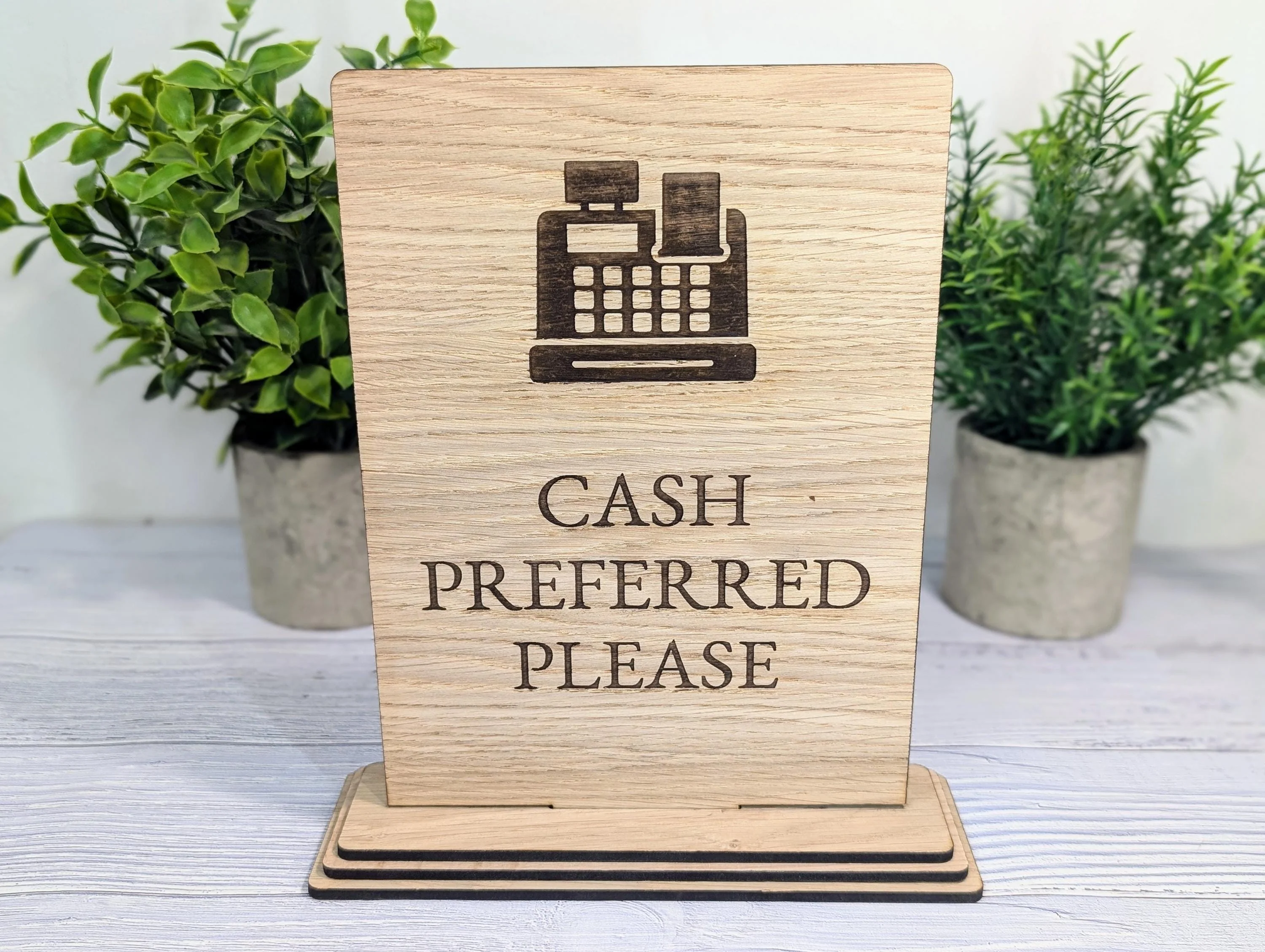 Wooden Freestanding Table Sign 'Cash Preferred' - Perfect for Shops, Cafés, Markets – XL Size - Removable Base, Shop Signage - Image 2
