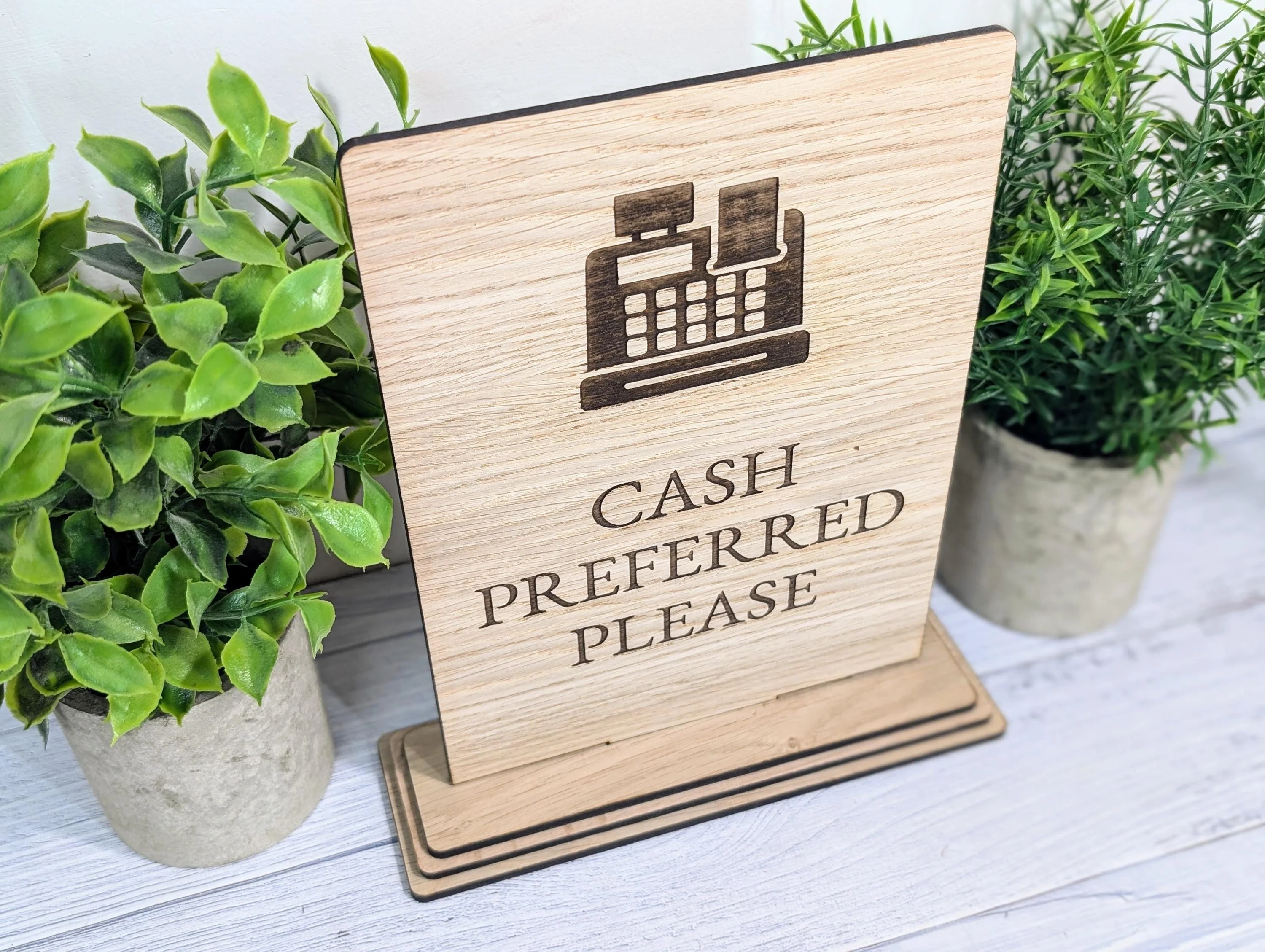 Wooden Freestanding Table Sign 'Cash Preferred' - Perfect for Shops, Cafés, Markets – XL Size - Removable Base, Shop Signage - Image 3