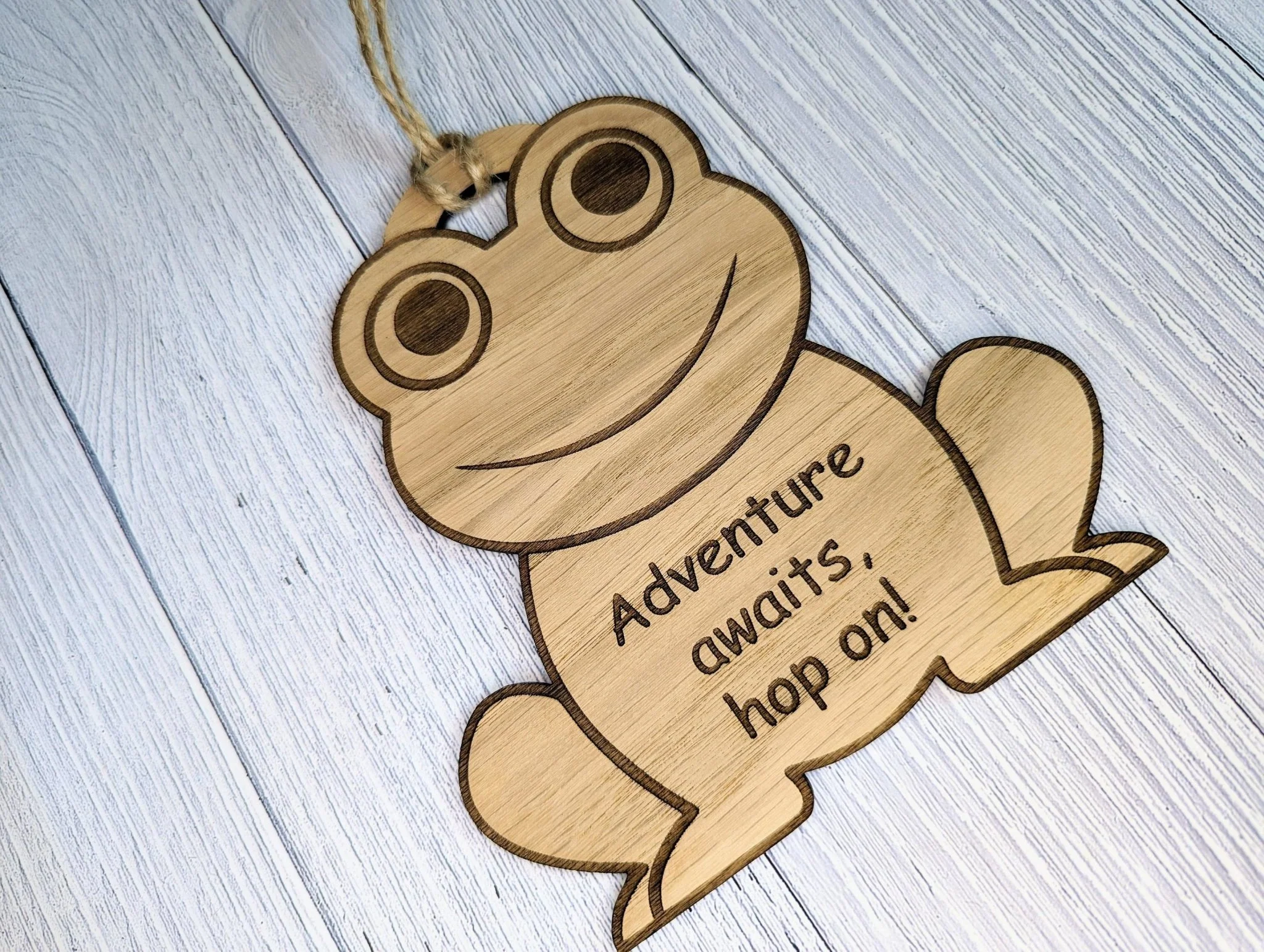 Wooden Frog Bauble | Adventure Awaits, Hop On | Can Be Personalised | Oak Veneered MDF - Image 4