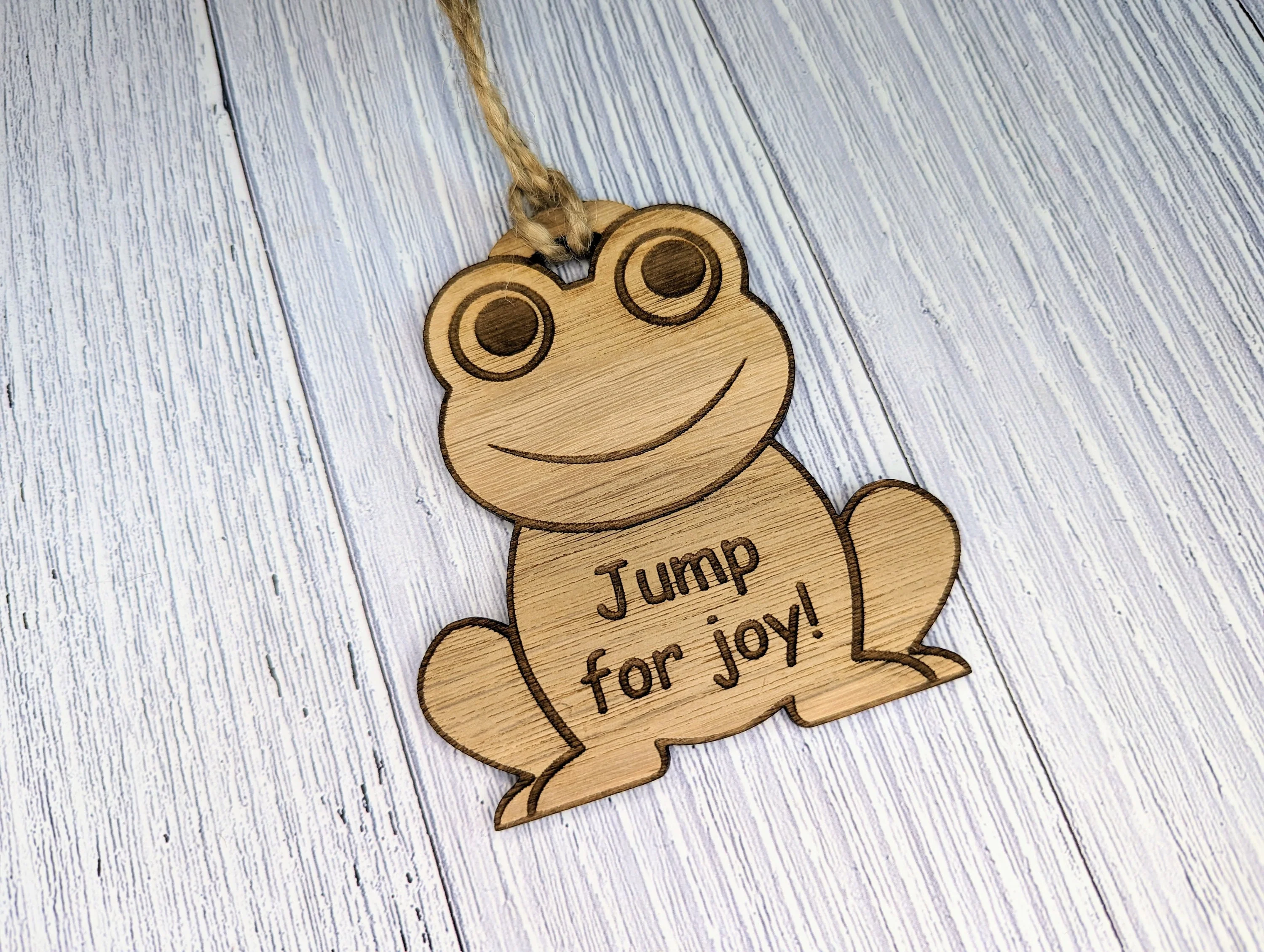 Wooden Frog Bauble | Jump For Joy | Can Be Personalised | Oak Veneered MDF - Image 2