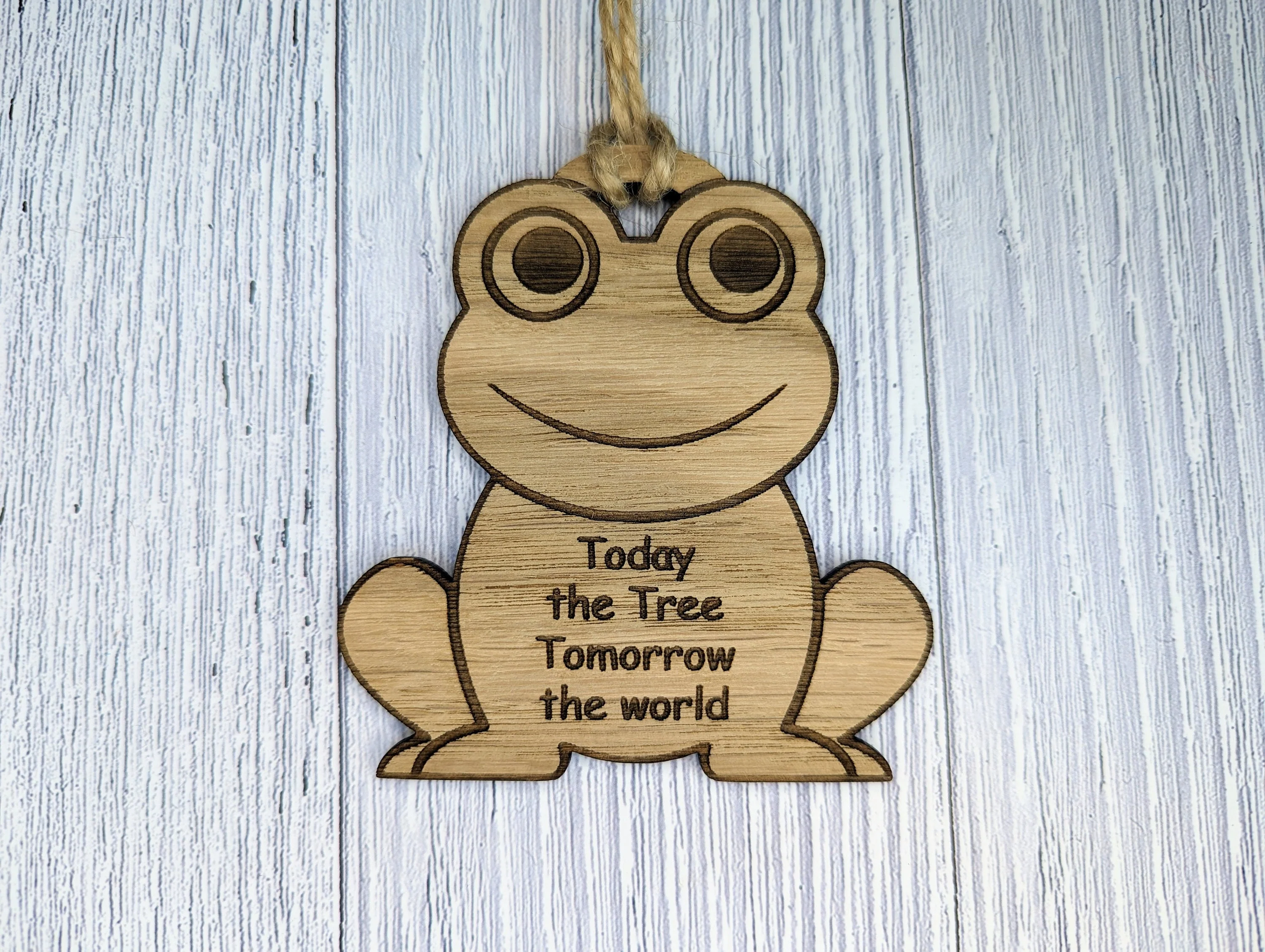Wooden Frog Bauble | Today The Tree, Tomorrow The World | Can Be Personalised | Oak Veneered MDF - Image 2