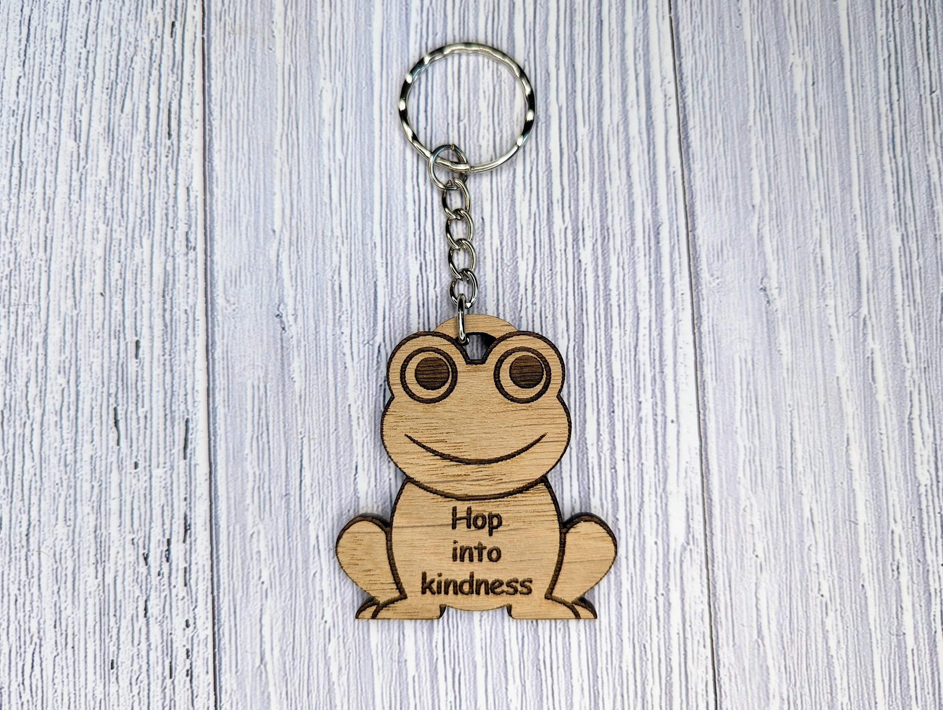 Wooden Frog Keyring | Hop into kindness | Bag Tag | Can Be Personalised | Oak Veneered MDF - Image 2
