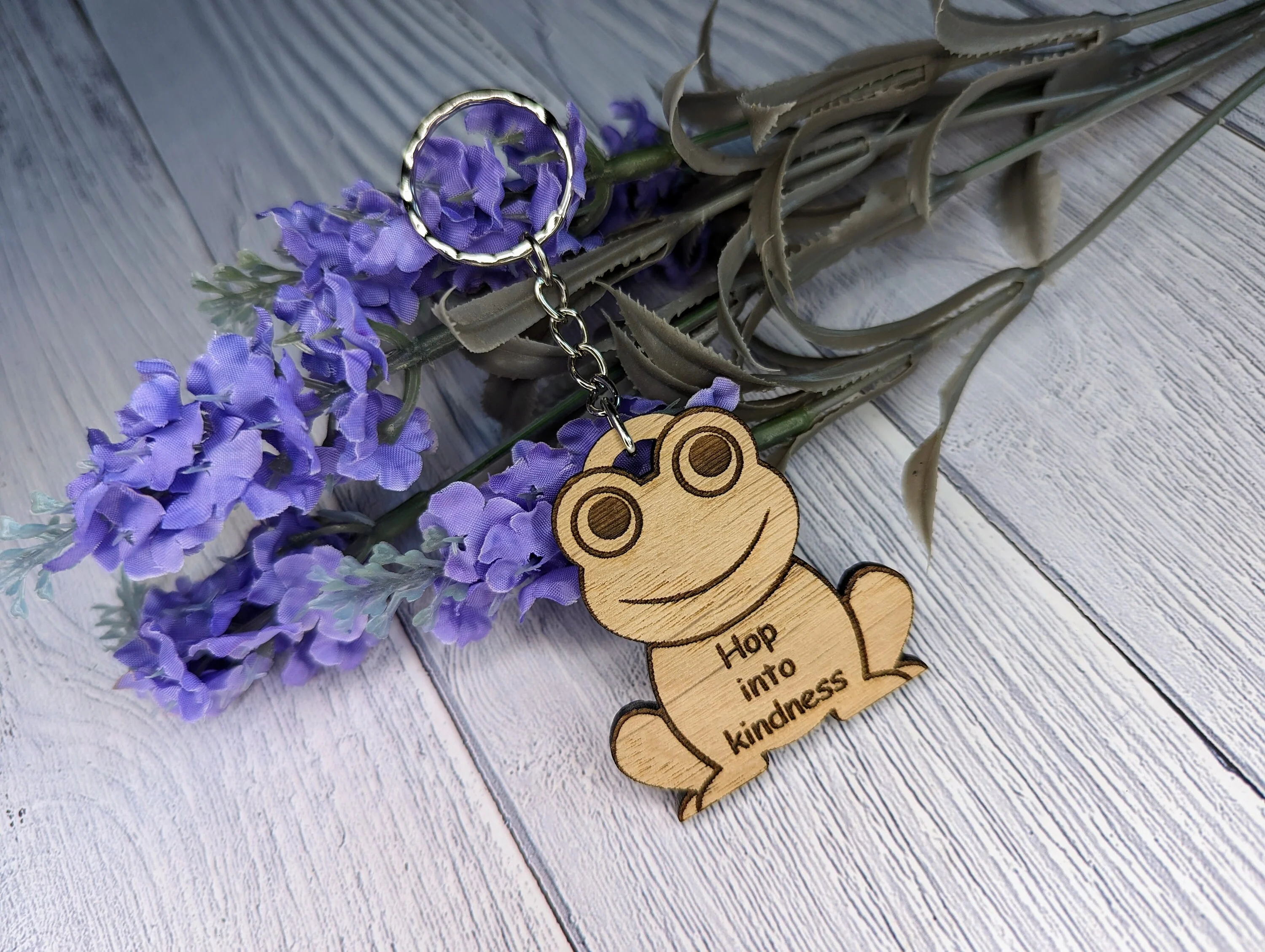 Wooden Frog Keyring | Hop into kindness | Bag Tag | Can Be Personalised | Oak Veneered MDF - Image 3