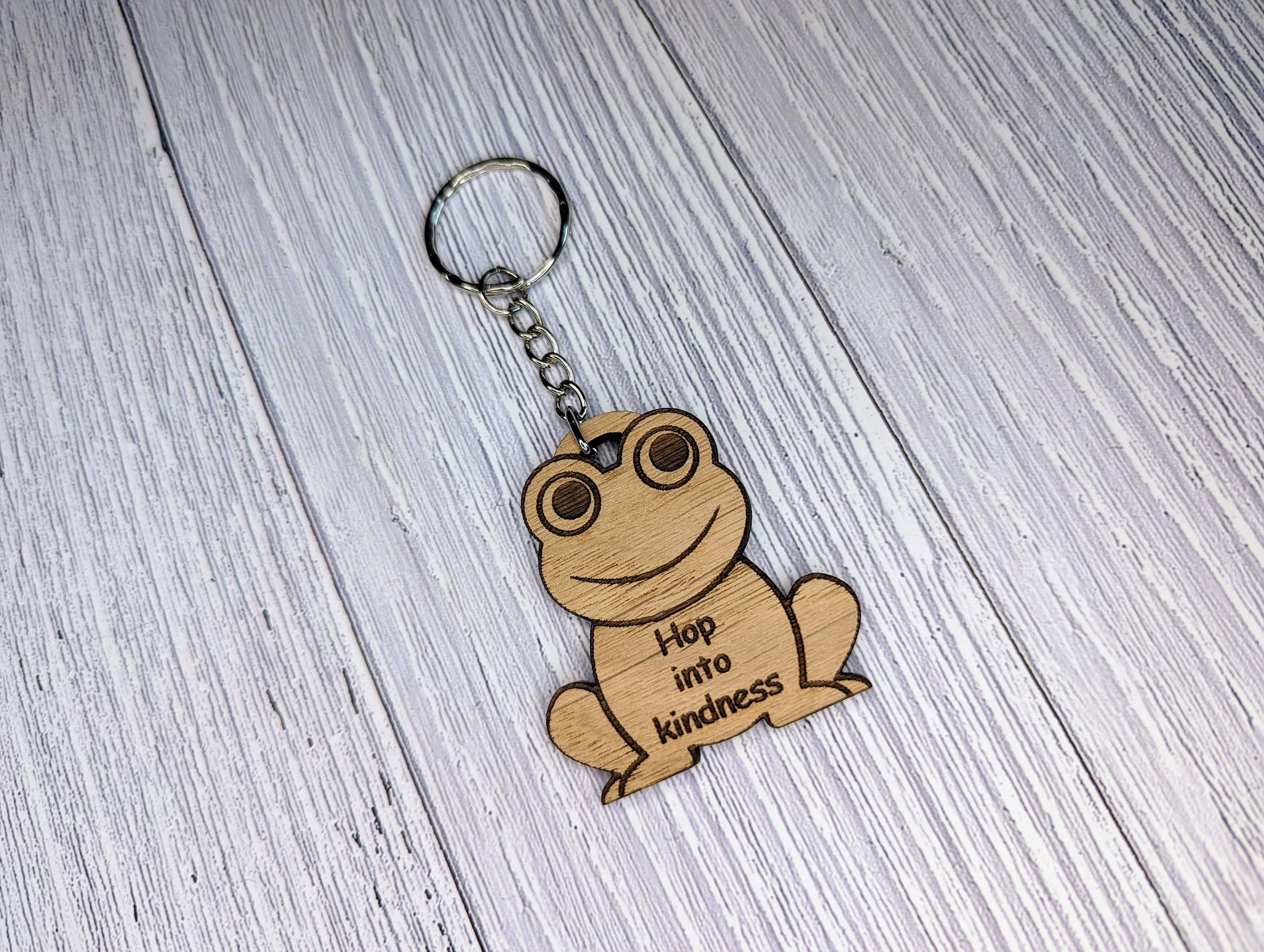 Wooden Frog Keyring | Hop into kindness | Bag Tag | Can Be Personalised | Oak Veneered MDF - Image 5