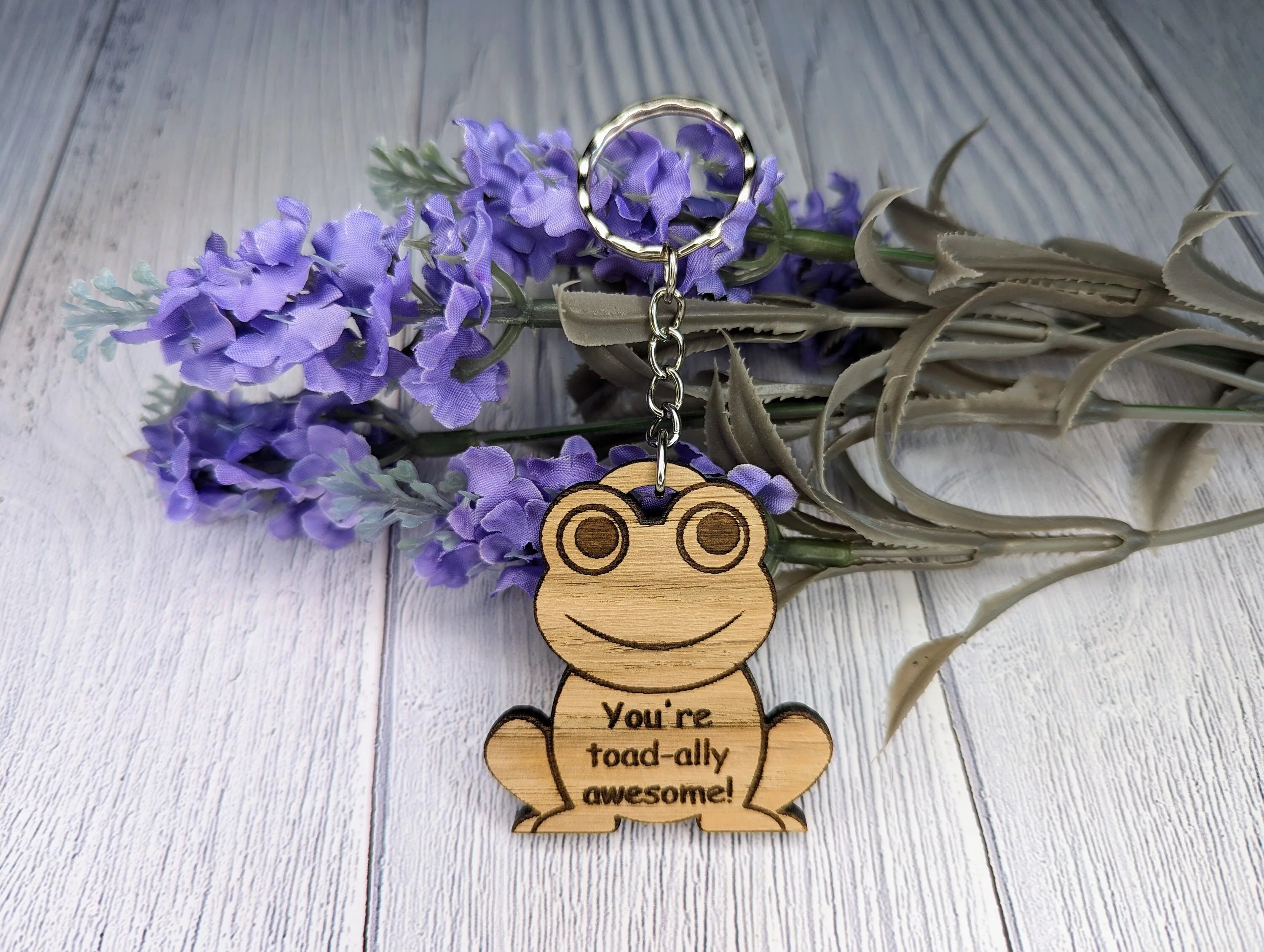 Wooden Frog Keyring | You're toad-ally awesome! | Bag Tag | Can Be Personalised | Oak Veneered MDF