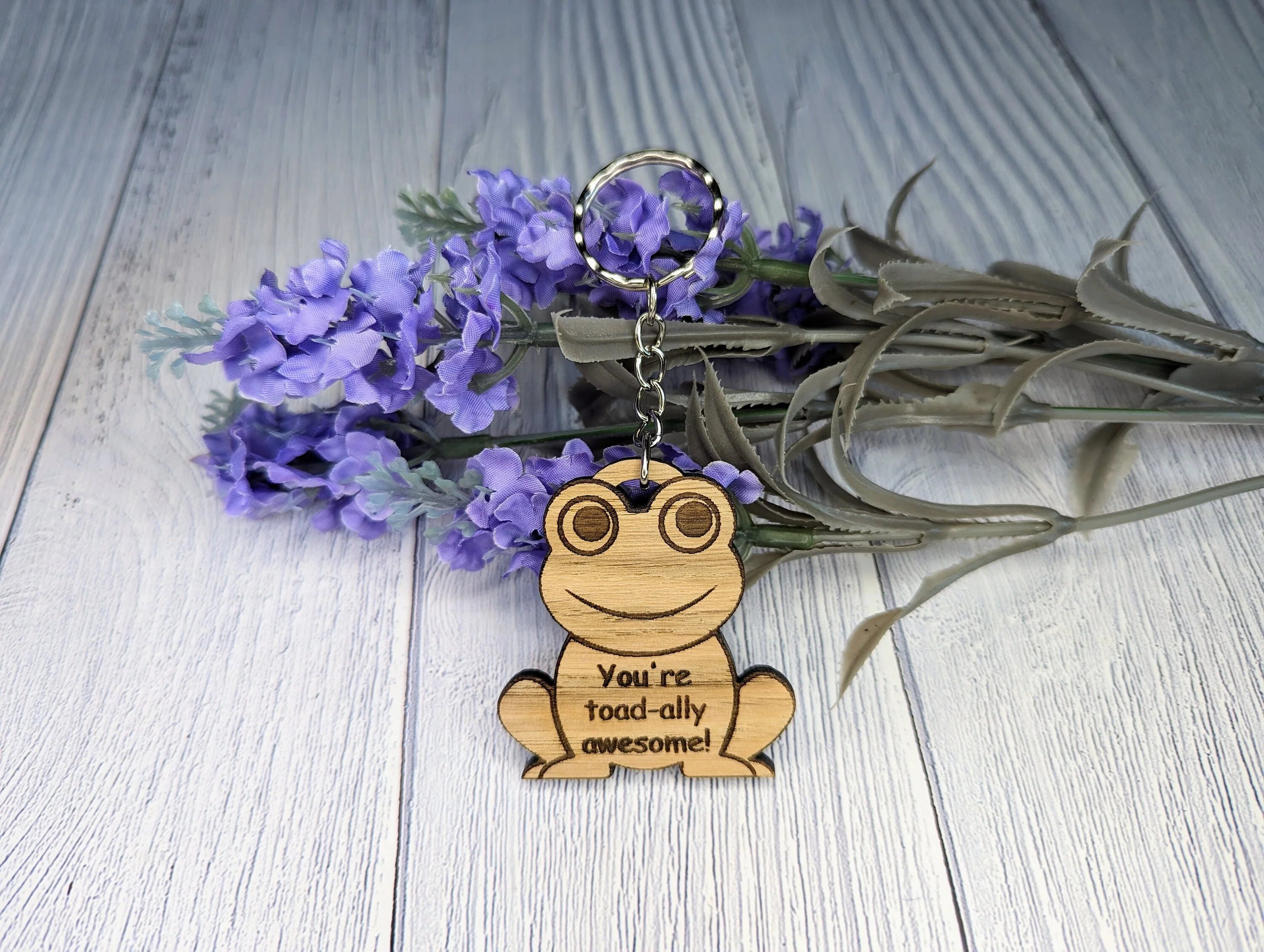Wooden Frog Keyring | You're toad-ally awesome! | Bag Tag | Can Be Personalised | Oak Veneered MDF - Image 2