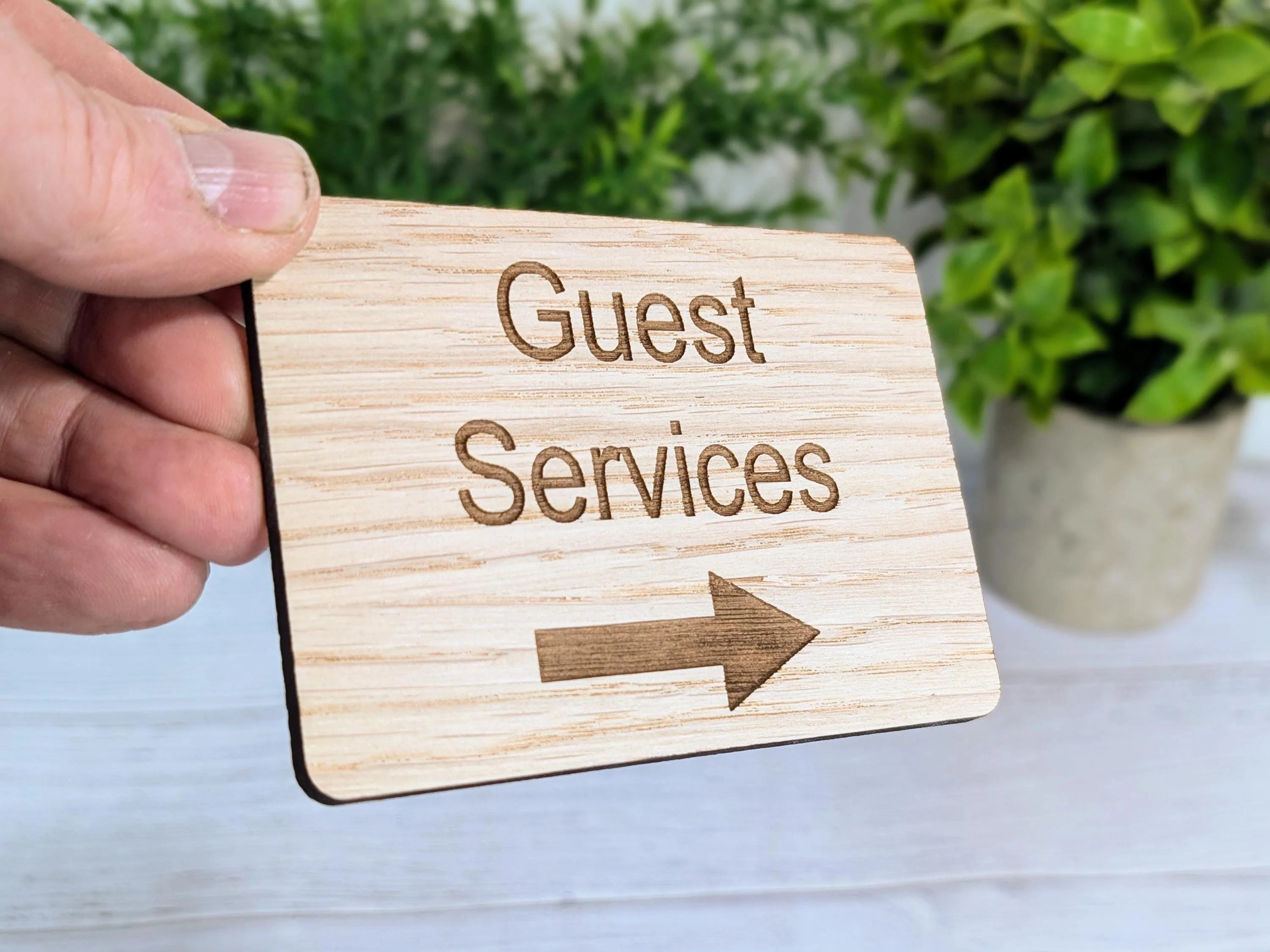 Wooden "Guest Services" Sign with Optional Arrow | Engraved Oak | For Hotels & Businesses | 4 Sizes | Personalised Text Available - Image 2