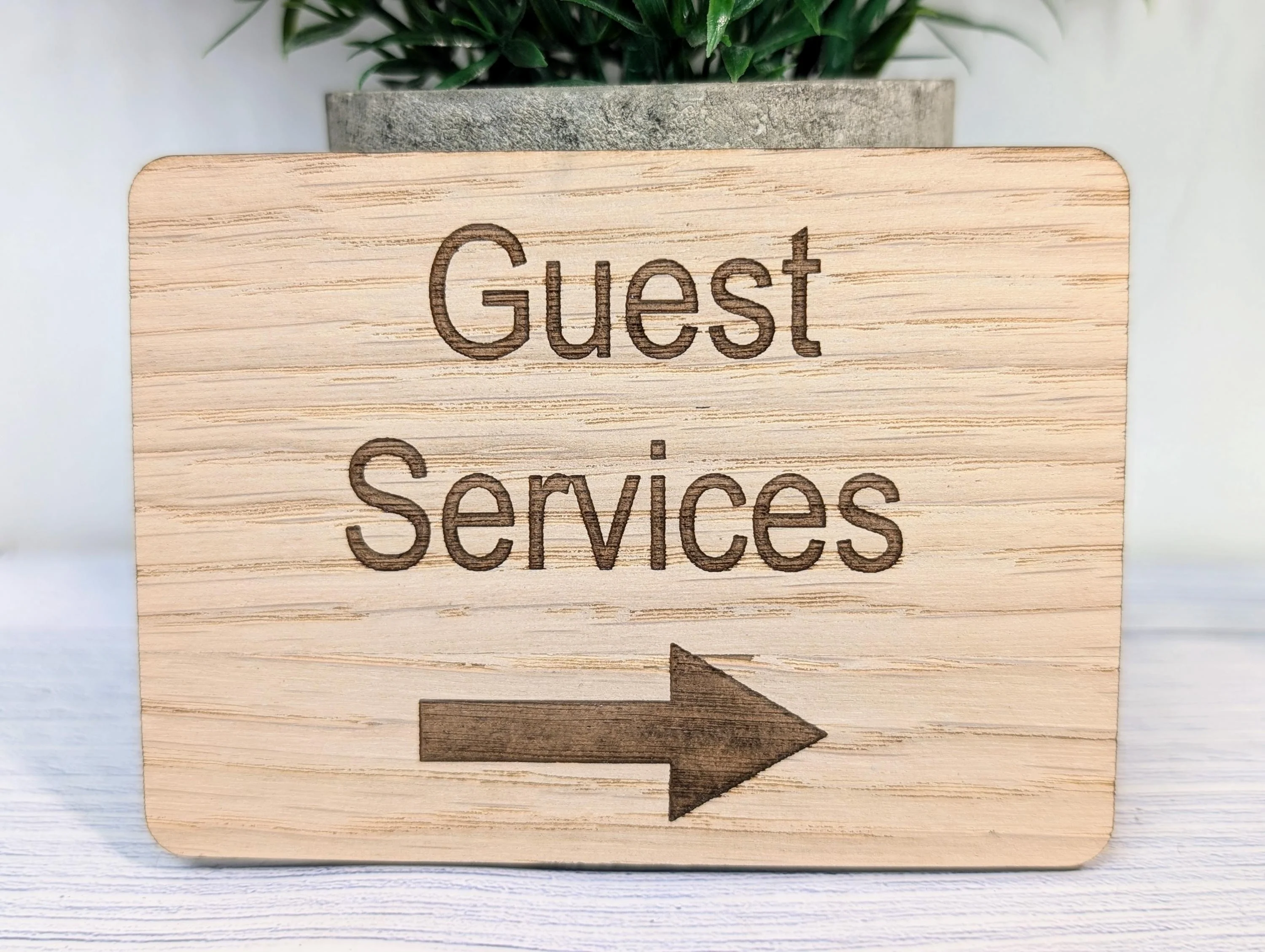 Wooden "Guest Services" Sign with Optional Arrow | Engraved Oak | For Hotels & Businesses | 4 Sizes | Personalised Text Available - Image 3