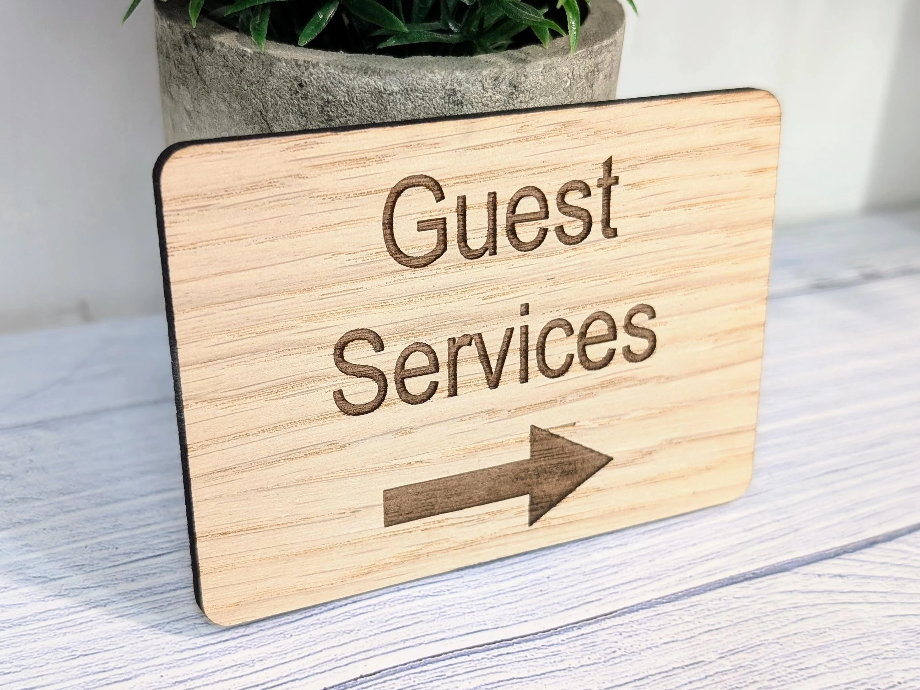 Wooden "Guest Services" Sign with Optional Arrow | Engraved Oak | For Hotels & Businesses | 4 Sizes | Personalised Text Available - Image 4