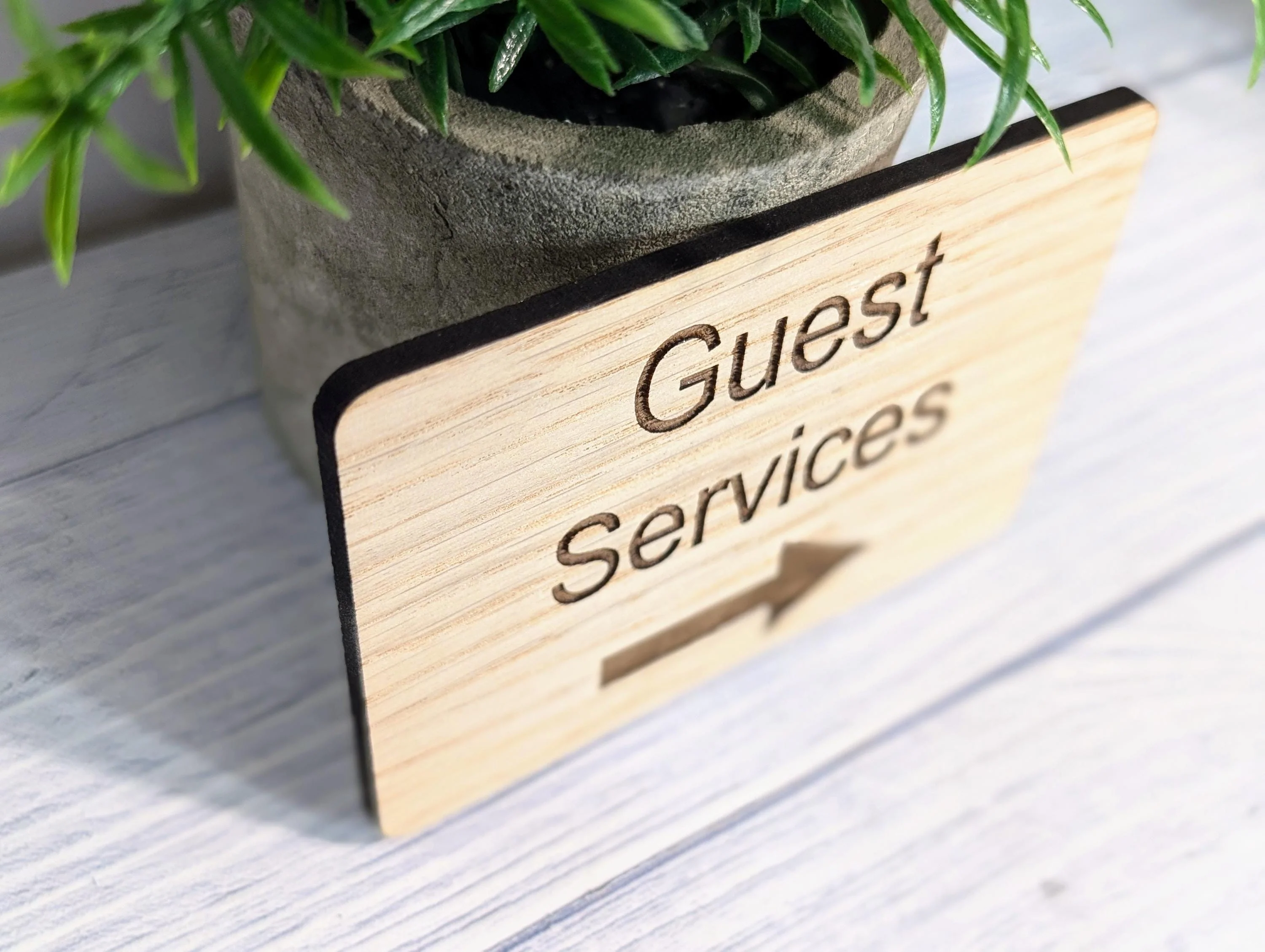 Wooden "Guest Services" Sign with Optional Arrow | Engraved Oak | For Hotels & Businesses | 4 Sizes | Personalised Text Available - Image 5