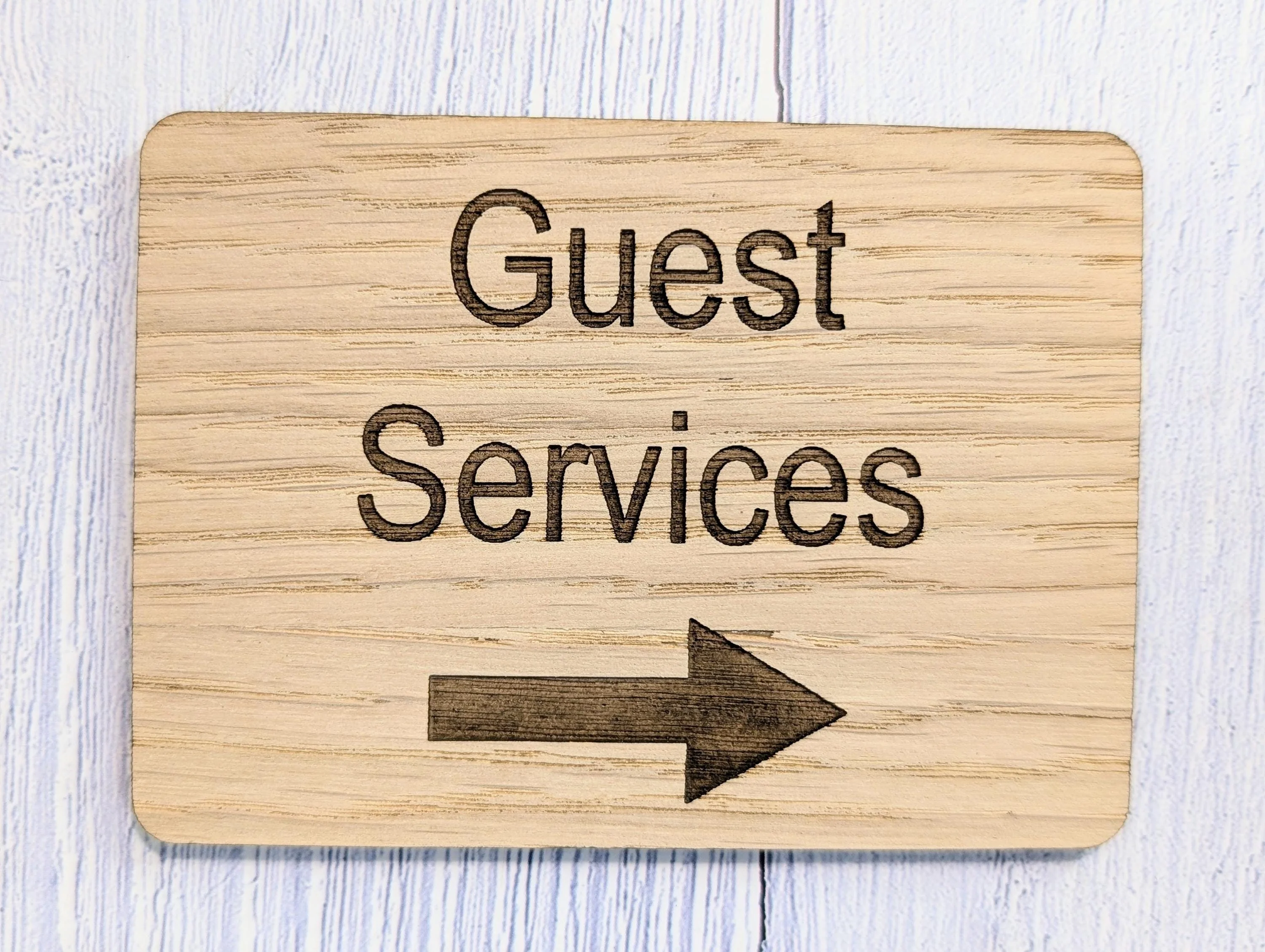 Wooden "Guest Services" Sign with Optional Arrow | Engraved Oak | For Hotels & Businesses | 4 Sizes | Personalised Text Available - Image 9