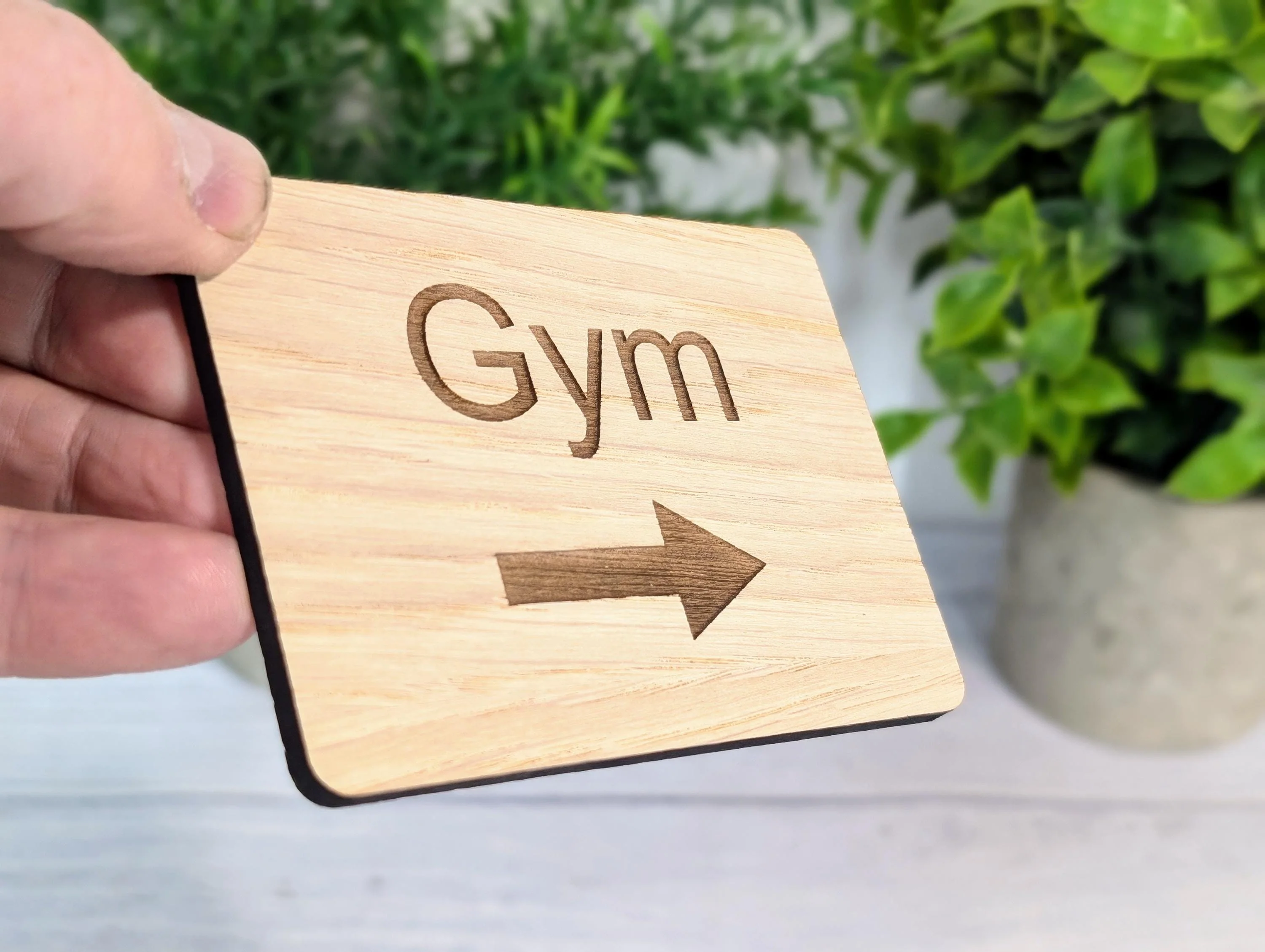 Wooden "Gym" Sign with Optional Arrow | Engraved Oak | For Home, Hotels, Fitness Clubs, Hospitality | 4 Sizes | Personalised Text Option - Image 2