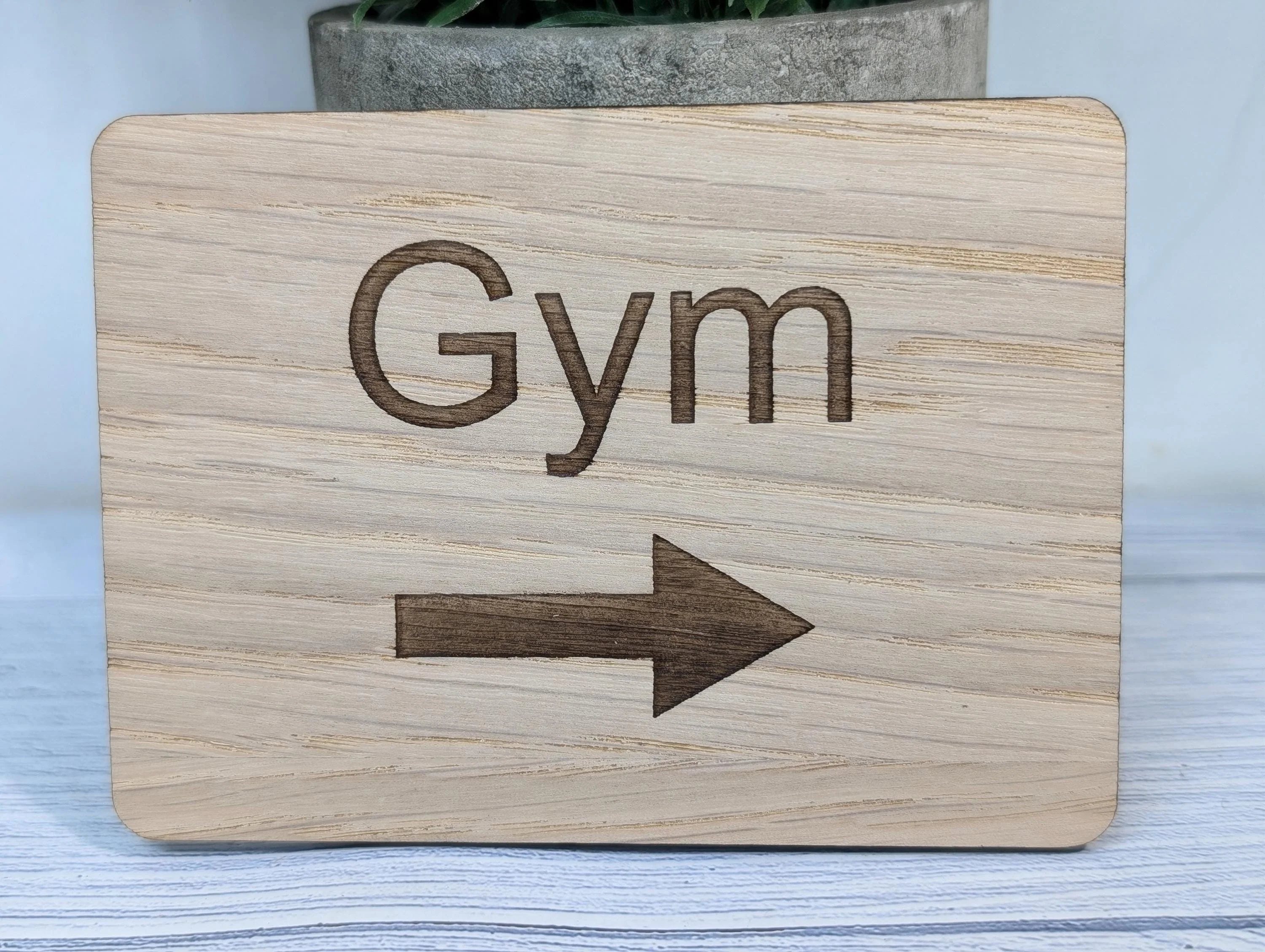 Wooden "Gym" Sign with Optional Arrow | Engraved Oak | For Home, Hotels, Fitness Clubs, Hospitality | 4 Sizes | Personalised Text Option - Image 3