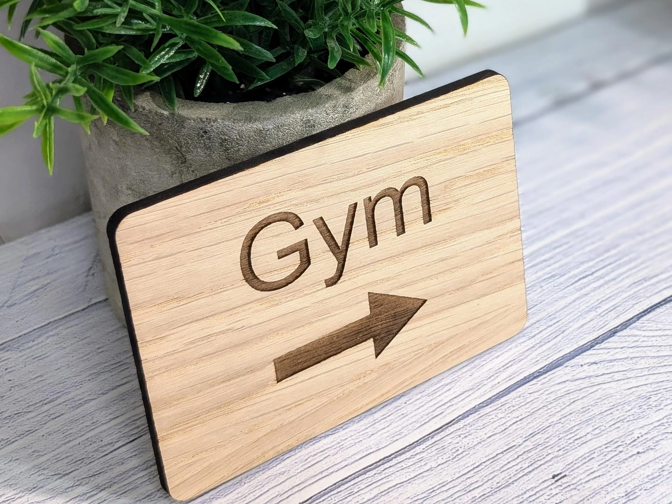 Wooden "Gym" Sign with Optional Arrow | Engraved Oak | For Home, Hotels, Fitness Clubs, Hospitality | 4 Sizes | Personalised Text Option - Image 5