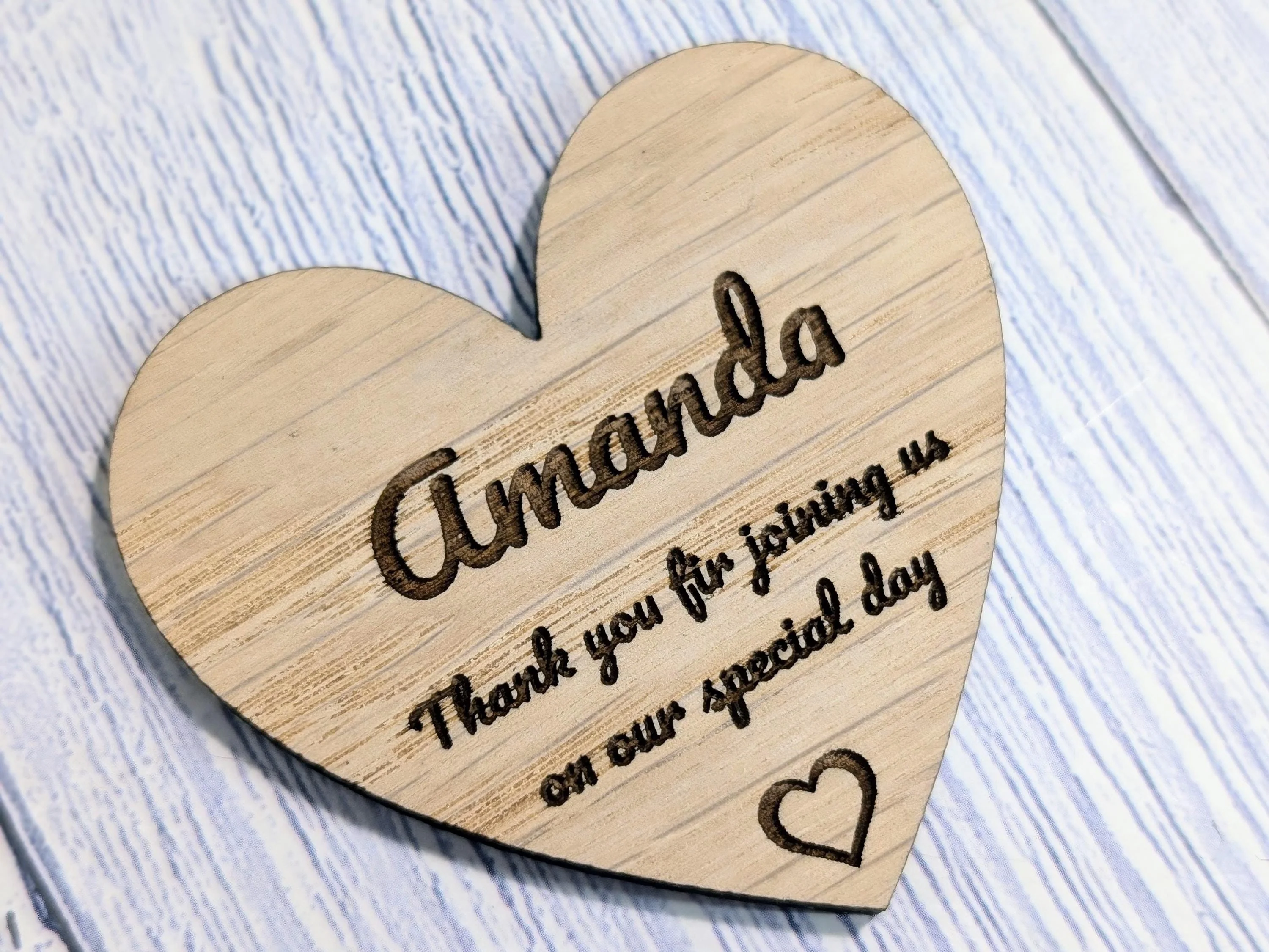 Wooden Heart Shaped Wedding Favours | 2 Sizes | Personalised Place Names | Custom Guest Name, Date | Eco-Friendly Oak Veneer Wood Keepsakes - Image 5