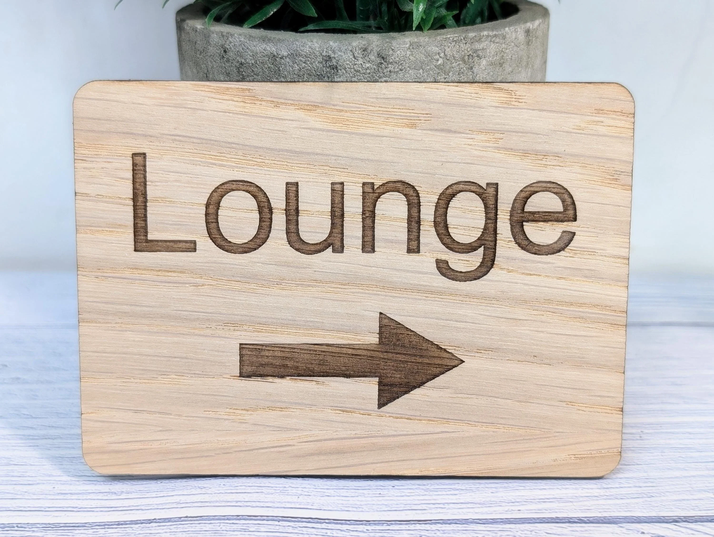 Wooden "Lounge" Sign with Optional Arrow | Engraved Oak | For Hotels & Businesses | 4 Sizes | Personalised Text Available - Image 2