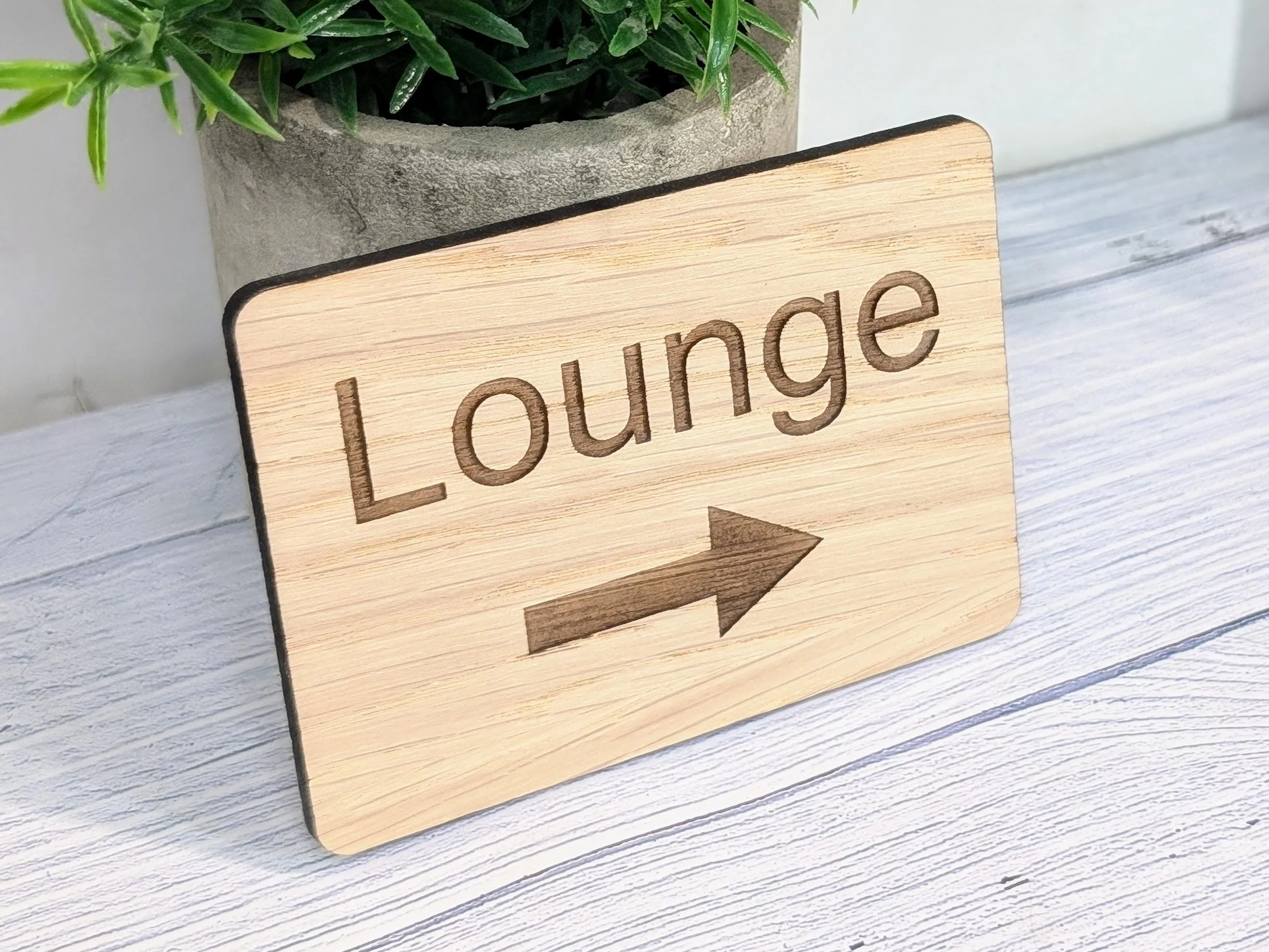 Wooden "Lounge" Sign with Optional Arrow | Engraved Oak | For Hotels & Businesses | 4 Sizes | Personalised Text Available - Image 4