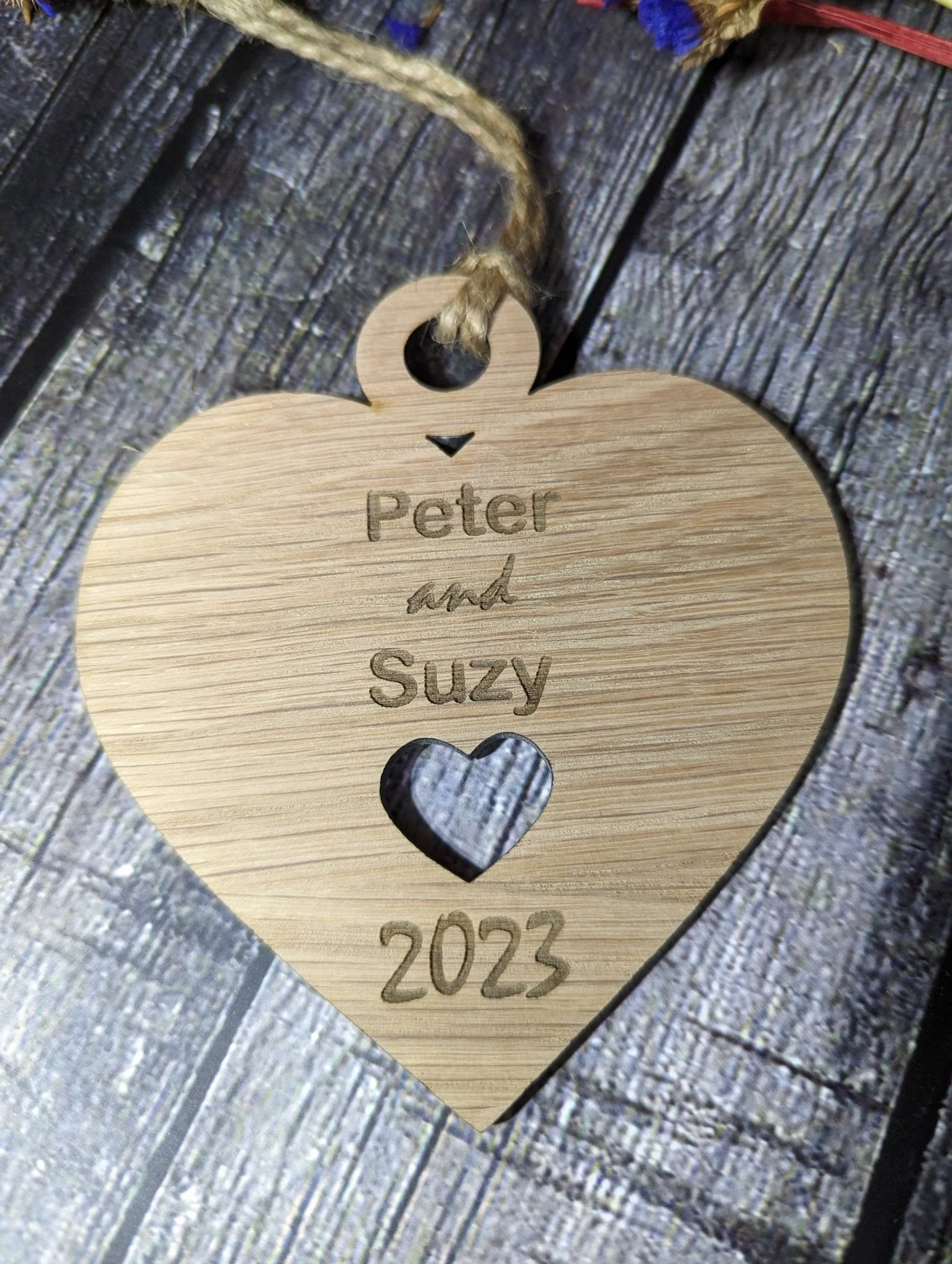 Wooden Personalised Heart Shaped Bauble, Birthday Gift | Valentine, Engagement, Anniversary or Wedding Gift, Oak - Image 4