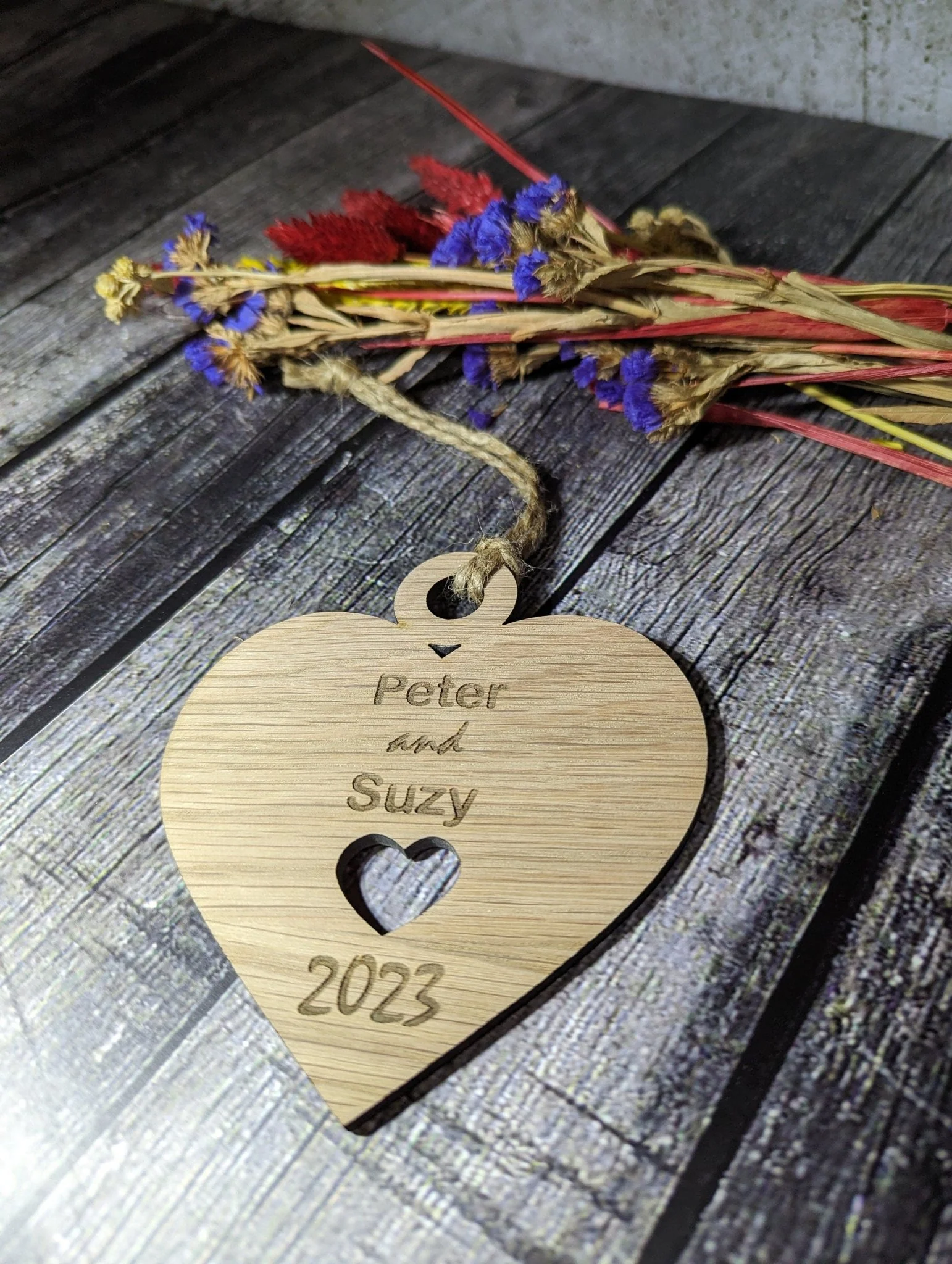 Wooden Personalised Heart Shaped Bauble, Birthday Gift | Valentine, Engagement, Anniversary or Wedding Gift, Oak - Image 6