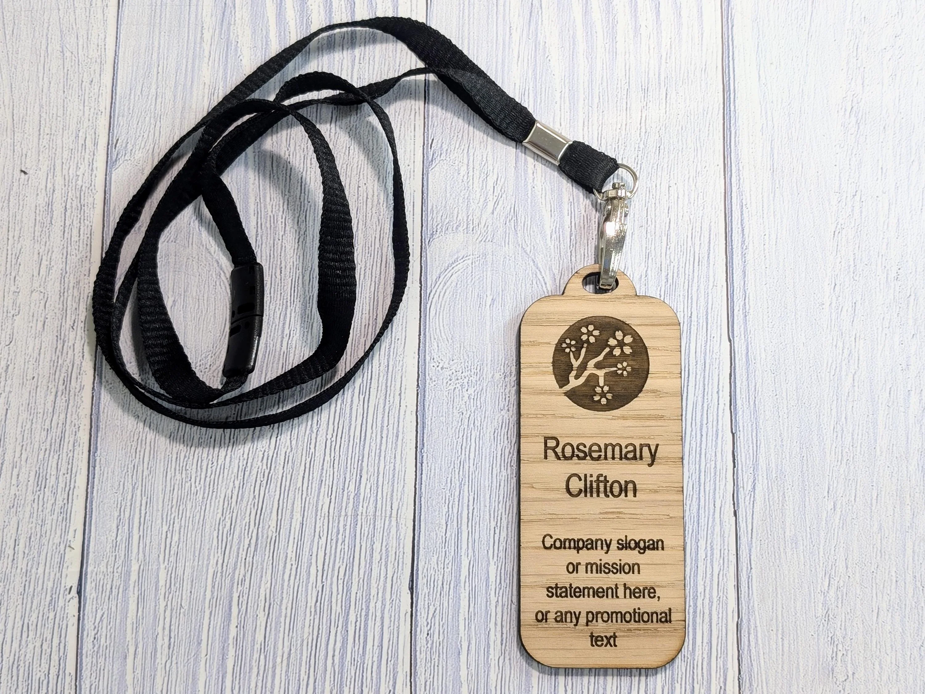 Wooden Slim Name Badges with Lanyards, Personalised Oak Eco Friendly Staff Tags, Holder, Lanyards - Add Your Logo & Slogan, Bulk Discounts - Image 3