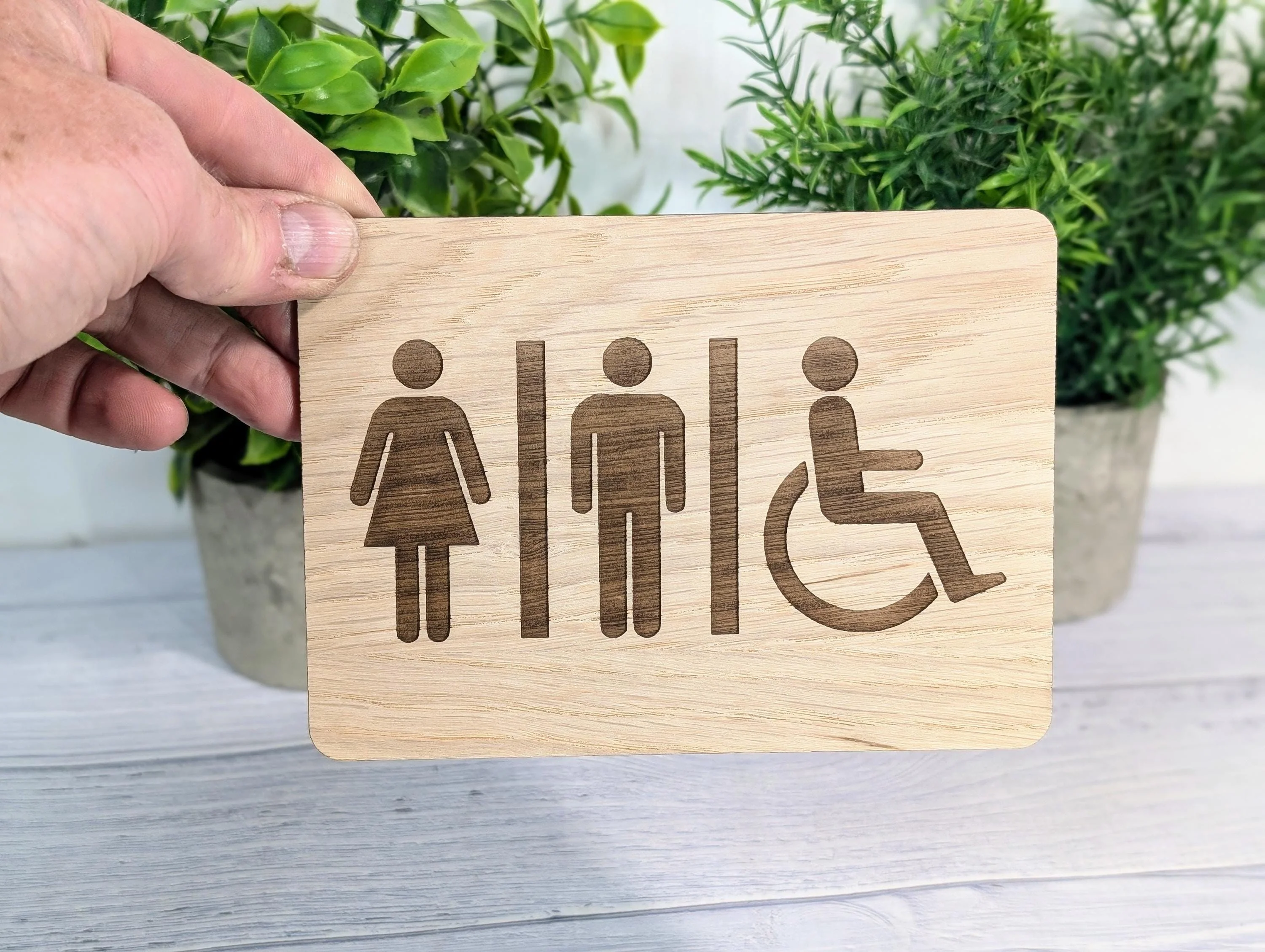 Wooden Toilet Sign Male Female Accessible | Engraved Oak | Bathroom Door Plaque in 4 Sizes | Oak Veneered Restroom Sign for Home or Business - Image 2