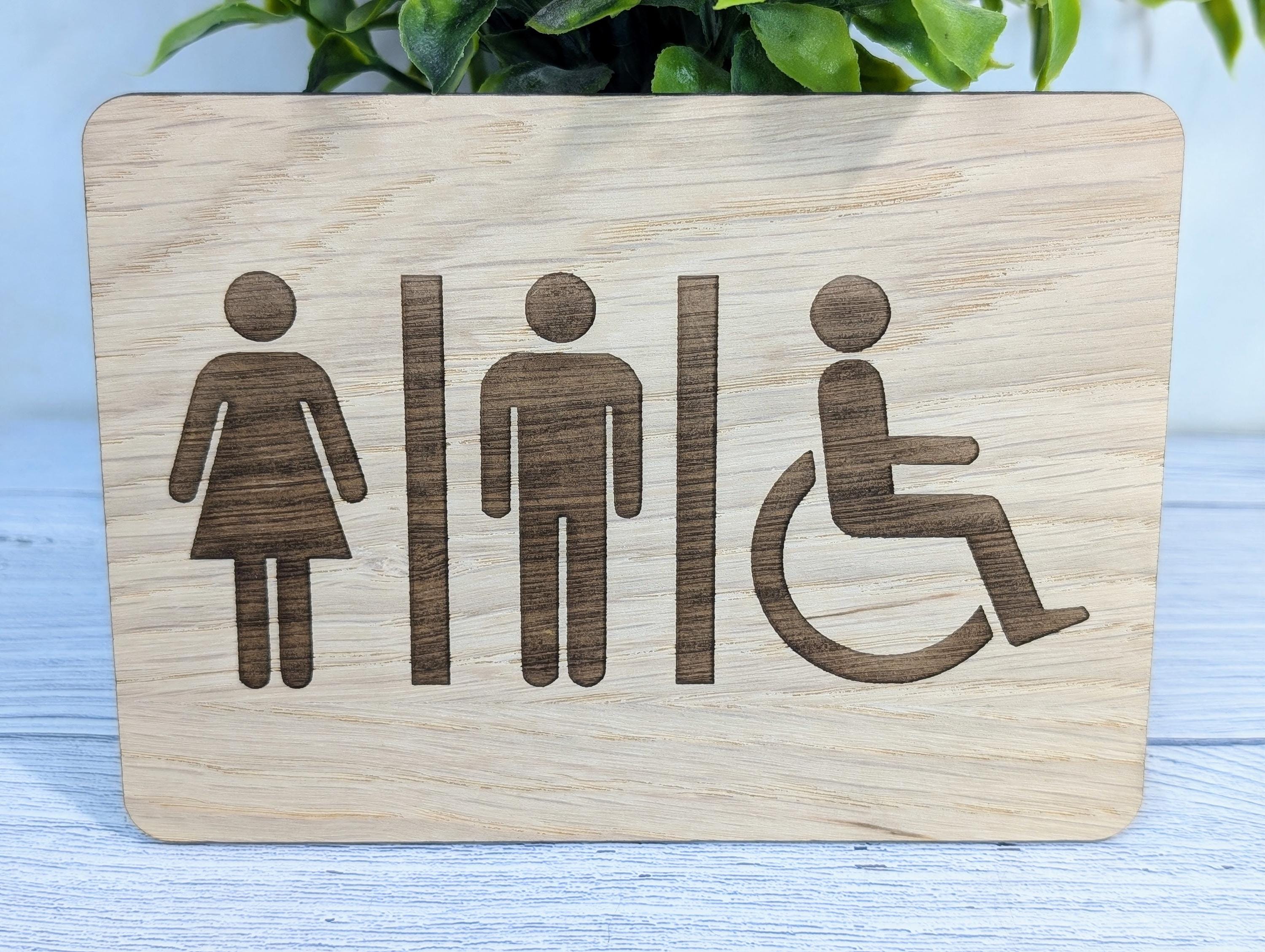 Wooden Toilet Sign Male Female Accessible | Engraved Oak | Bathroom Door Plaque in 4 Sizes | Oak Veneered Restroom Sign for Home or Business - Image 3