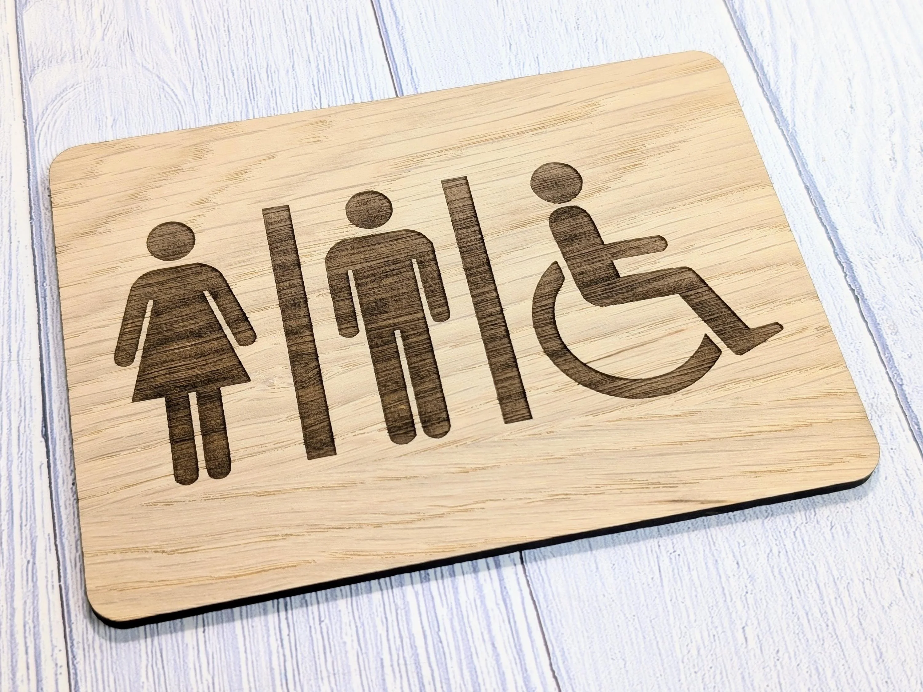 Wooden Toilet Sign Male Female Accessible | Engraved Oak | Bathroom Door Plaque in 4 Sizes | Oak Veneered Restroom Sign for Home or Business - Image 6
