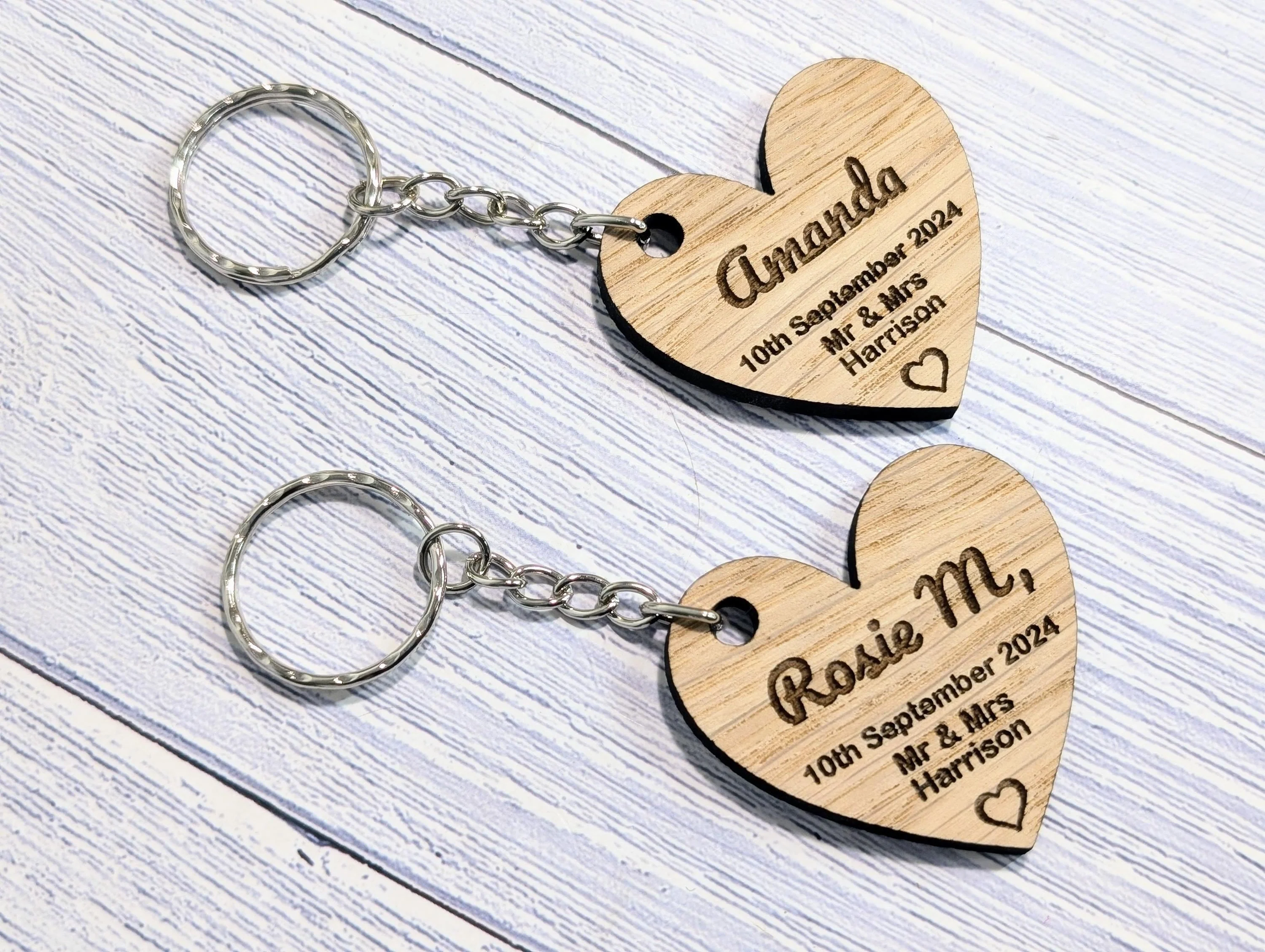 Wooden Wedding Favour Key Ring, Heart Shaped | Personalised Place Setting | Custom Guest Name, Key Chain | Eco-Friendly Oak Veneer Keepsakes - Image 3