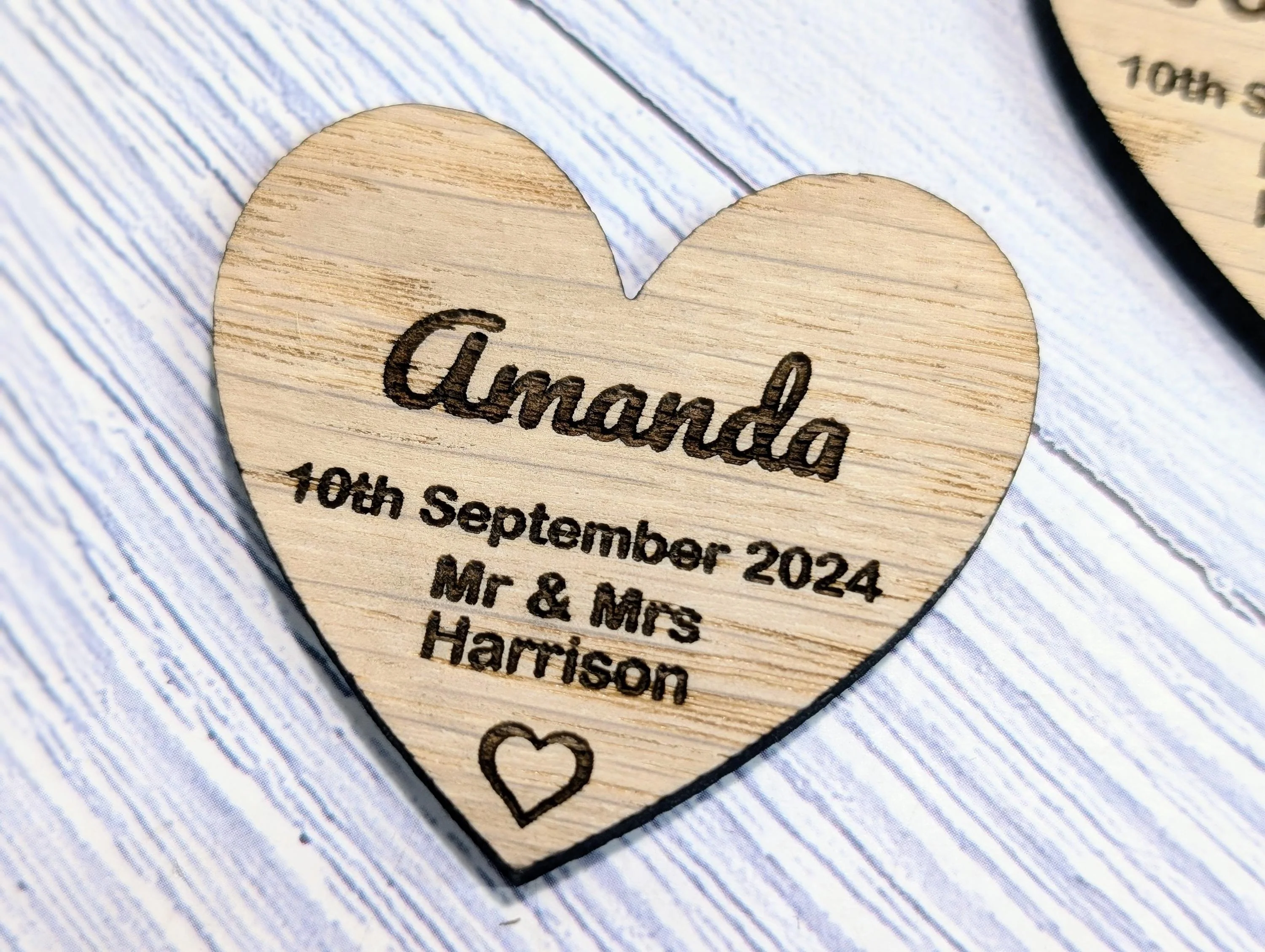 Wooden Wedding Favours, Heart Shaped | Personalised Place Names | Custom Guest Name, Date | Eco-Friendly Oak Veneer Wood Keepsakes | 2 Sizes - Image 4