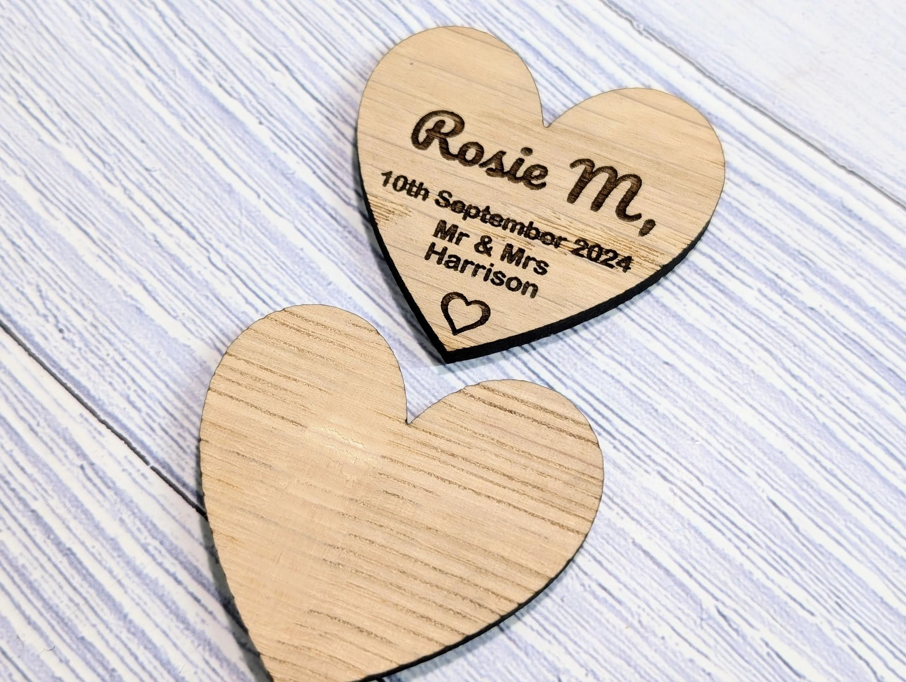Wooden Wedding Favours, Heart Shaped | Personalised Place Names | Custom Guest Name, Date | Eco-Friendly Oak Veneer Wood Keepsakes | 2 Sizes - Image 6