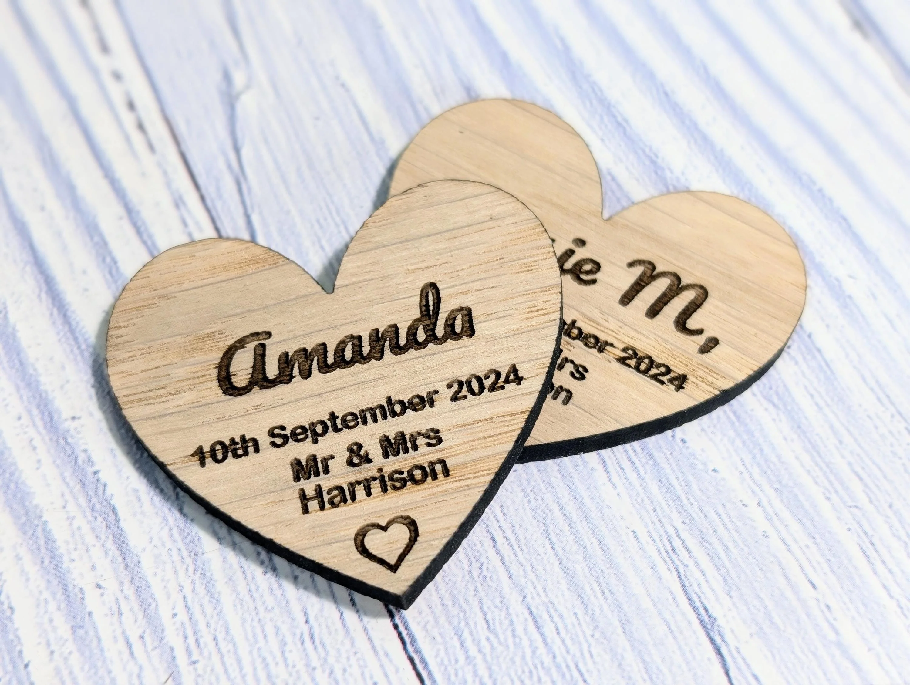 Wooden Wedding Favours, Heart Shaped | Personalised Place Names | Custom Guest Name, Date | Eco-Friendly Oak Veneer Wood Keepsakes | 2 Sizes - Image 7