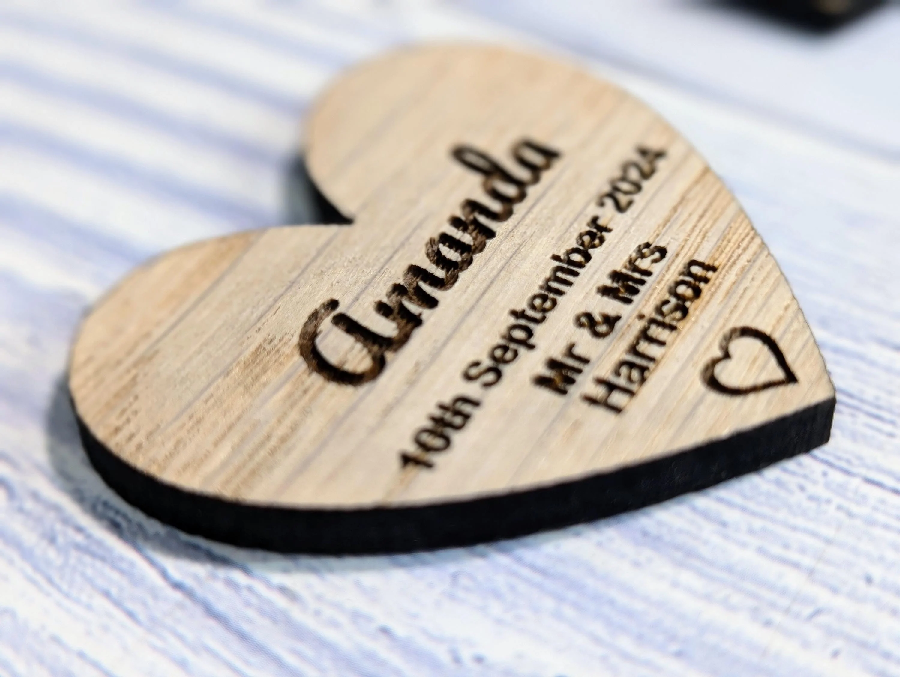 Wooden Wedding Favours, Heart Shaped | Personalised Place Names | Custom Guest Name, Date | Eco-Friendly Oak Veneer Wood Keepsakes | 2 Sizes - Image 9