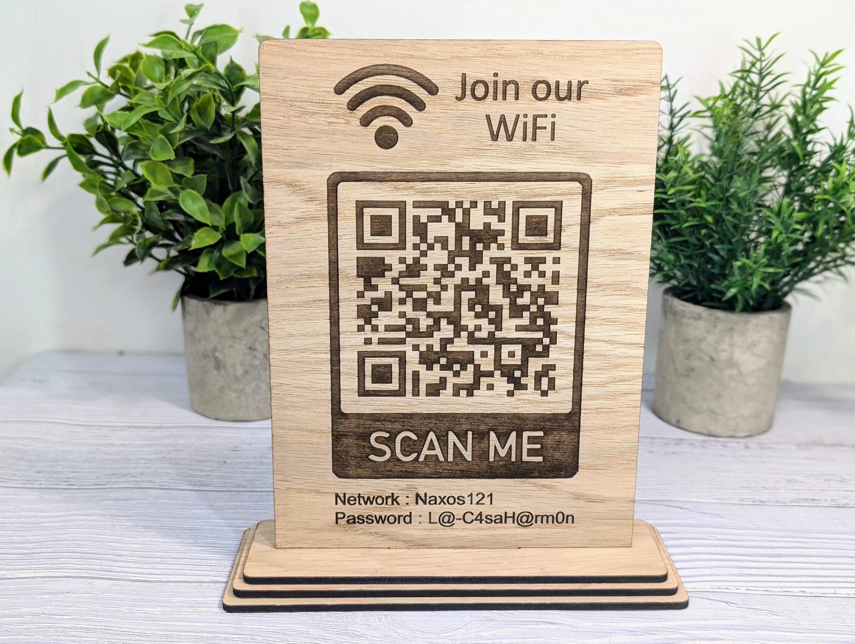 Wooden WiFi QR Code Sign, XL Size, Eco-Friendly Custom Network Name and Password Table Display, Single or Double-Sided, Businesses or Homes - Image 2